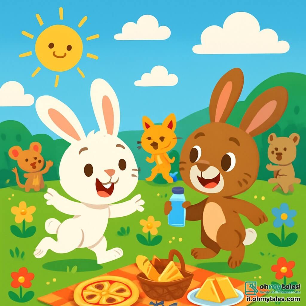 Tobia, un coniglietto bianco e morbido, è felice e vivace, saltellando in un campo verde pieno di fiori colorati. Le sue grandi orecchie sono in piedi e i suoi occhi brillano di gioia. Accanto a lui, Leo, un coniglietto marrone con macchie bianche, sorride ampiamente, gli occhi scintillanti di amicizia, tenendo una piccola bottiglia d'acqua. Il cielo è blu e punteggiato di nuvole bianche, e il sole splende calorosamente sopra di loro. Si trovano in una festa estiva, circondati da altri piccoli animali che giocano e ridono insieme, mentre una grande tovaglia a quadretti è stesa sull'erba, piena di deliziose merende. La scena emana un'atmosfera di gioia e amicizia, illustrando la felicità delle vacanze estive.