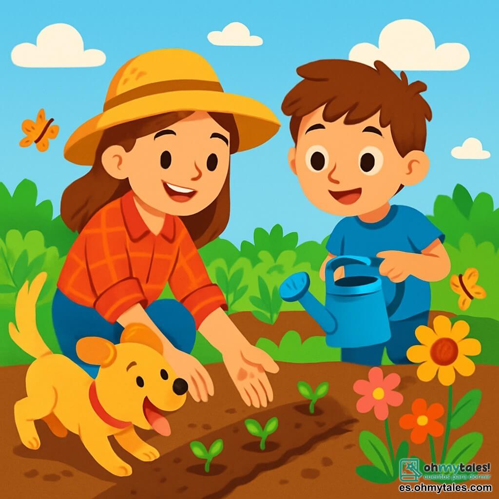 Una joven agricultora, Luna, sonriente y llena de vida, lleva una camisa de cuadros rojos y un sombrero de paja. Está agachada en su jardín, plantando semillas con manos delicadas y alegres. A su lado, un niño de 8 años, Nico, con el cabello castaño despeinado y una camiseta azul, sostiene un pequeño regadera azul, listo para regar las plantas. Trigo, un perro pastor de pelaje dorado, juega alegremente a su alrededor, moviendo la cola con entusiasmo. El jardín es vibrante, lleno de hileras de verduras verdes, flores coloridas y un cielo azul claro salpicado de nubes blancas esponjosas. La tierra es rica y marrón, y mariposas danzan alrededor de las flores. En esta escena, Luna y Nico trabajan juntos, plantando semillas y regando los brotes jóvenes, rodeados por la belleza de la naturaleza, compartiendo un momento de complicidad y alegría.