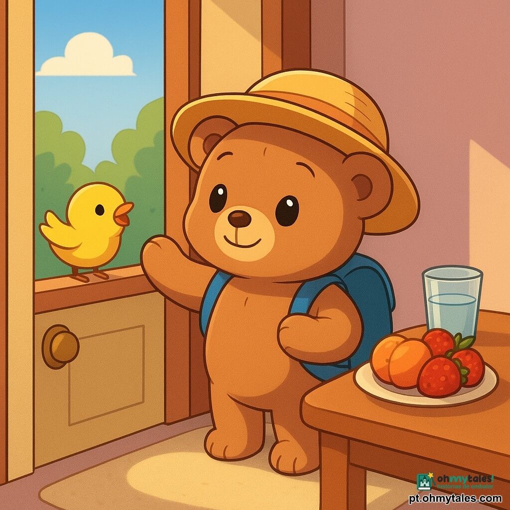 Um pequeno urso de pelúcia castanho-claro de pelos macios, olhos brilhantes e sorriso tímido, com mochila azul e chapéu de palha amarelado, está junto à porta olhando para fora; um passarinho amarelo vivo pousa na janela à esquerda convidando-o; à direita, sobre a mesa da cozinha, um prato com pêssegos e morangos e um copo de água; o quarto é acolhedor e luminoso, com tapete bege onde o sol forma um círculo dourado, paredes em tons pastéis e cortina de flores entreaberta mostrando folhas verdes e céu azul; a cena sugere o urso pronto para as férias de verão, hesitante mas atraído pelo sol e pelo pássaro, calma e convidativa.