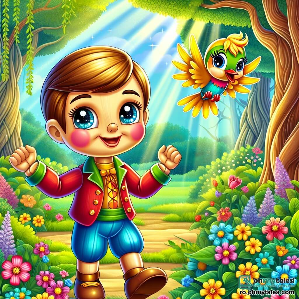 Pinocchio, un băiețel din lemn cu o cap rotund și ochi strălucitori, se află în centrul scenei, zâmbind, radiind de bucurie și entuziasm. Corpul său din lemn este vopsit în culori vii, iar el poartă o cămașă roșie și o pereche de pantaloni albaștri. Își ridică brațele în aer, ca și cum ar sărbători o mare descoperire. Lângă el, Lili, o vrăbiuță cu pene galbene strălucitoare și ochi jucăuși, zboară vesel în jurul lui, cântând și dansând în aer. În fundal, se vede o grădină fermecată, plină de flori multicolore care dansează în vânt. Copaci măreți cu trunchiuri late și frunze verzi înconjoară grădina, iar razele soarelui filtrează printre crengi, creând o atmosferă caldă și primitoare. Pinocchio și Lili celebrează prietenia lor și determinarea de a deveni oameni mai buni, împărtășind un moment de fericire, ilustrând importanța sincerității și generozității.