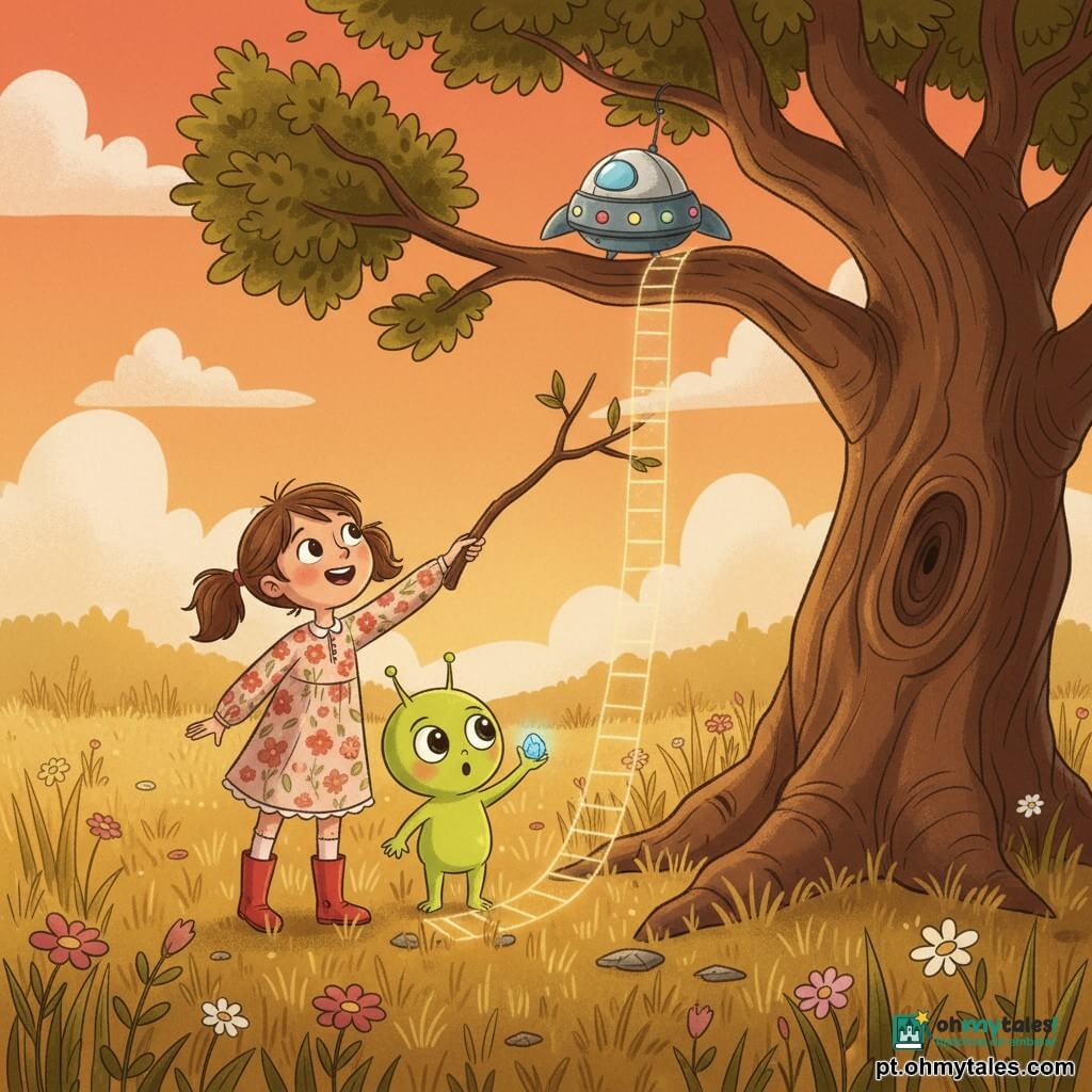 Menina de 6 anos, alegre e corajosa, cabelos castanhos em maria-chiquinhas, botas vermelhas e vestido florido, estende um galho longo para uma bola-foguete prateada entre os ramos olhando para cima; pequeno extraterrestre Luno, corpo redondo verde-limão, olhos grandes e brilhantes, expressão maravilhada, segura uma pedrinha azul luminosa e faz aparecer uma escada de luz dourada até a nave, ficando na ponta dos pés junto à menina; a nave, redonda e metálica, pequena, com luzes multicoloridas piscando, está presa nos galhos de um carvalho retorcido no centro; campo ao pôr do sol com altas gramíneas douradas e flores silvestres rosa e brancas sob um céu alaranjado e calmo; situação: a menina e Luno cooperam para salvar a pequena nave, a escada de luz desce e a nave começa a escorregar para a terra enquanto a menina sorri.