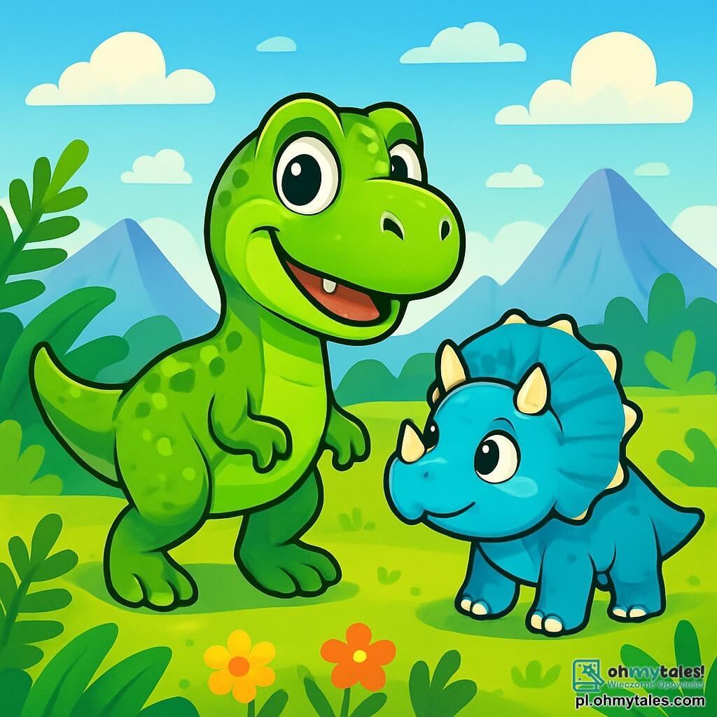 Młody Tyrannosaurus Rex, nazwany Tobi, stoi w centrum obrazu, z jaskrawozieloną skórą i błyszczącymi łuskami, które lśnią w słońcu. Jego duże, okrągłe oczy wyrażają iskrzącą ciekawość, a lekki uśmiech na twarzy pokazuje entuzjazm. Obok niego jego przyjaciel Leo, mały Triceratops z delikatnymi rogami i niebieskawą skórą, patrzy na Tobiego z podziwem, gotowy towarzyszyć mu w przygodzie. Scena rozgrywa się na rozległej, zielonej równinie, usianej dużymi paprociami i kolorowymi kwiatami, z majestatycznymi górami w tle, gdzie niebo jest jasnoniebieskie, a kilka białych chmur delikatnie unosi się. Tobi i Leo przygotowują się do wyruszenia na poszukiwanie legendarnego uzdrowiciela, ich serca biją z ekscytacji, gdy razem ruszają w nieznane, gotowi na wielką przygodę.