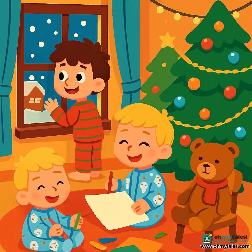 There are 3 characters: Max, a 6-year-old boy with messy brown hair, wearing a red pajama with green stripes, standing by the window with bright eyes, watching the snow fall. Leo, a 5-year-old boy with blond hair and rosy cheeks, is sitting on the rug, holding a pencil and a large sheet of paper, ready to draw. Teddy, a brown teddy bear wearing a red scarf, is sitting on a small chair next to Leo, smiling as if waiting for his turn to draw. The setting is the cozy living room of a small red house, decorated for Christmas, filled with twinkling lights and a large Christmas tree adorned with colorful ornaments and golden garlands. Snowflakes gently fall outside, creating a magical landscape through the window. The main scene shows Max and Leo drawing a plan for Christmas dinner, surrounded by colorful cards and crayons, laughing joyfully while Teddy watches them with a knowing look, adding a touch of magic to this festive moment.
