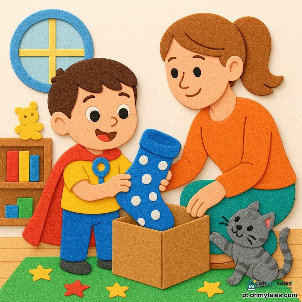Um menino de 4 anos, rosto redondo, cabelo castanho curto, olhos grandes e curiosos e sorriso maravilhado segura uma grande meia azul com poás brancos contra o peito; vestido com uma capa vermelha e uma lupa de brinquedo ao pescoço, está alegre e concentrado enquanto a mãe (cerca de 30 anos, cabelo castanho-claro preso em rabo de cavalo), sorrindo e atenciosa, agacha ao lado e empurra suavemente uma pequena caixa de papelão para liberar a meia; o gato tigrado cinza Mimi brinca com a meia junto à caixa, pata levantada; a cena passa num canto do quarto infantil com chão de madeira clara, tapete colorido com estrelas, prateleira baixa com livros e brinquedos e luz suave de uma janela redonda; momento principal: descoberta alegre da meia escondida entre a caixa e a parede, com mãe ajudando e gato curioso participando; estilo gráfico simples, formas arredondadas, cores vivas, contornos nítidos e composição clara para uma criança de 4 anos.