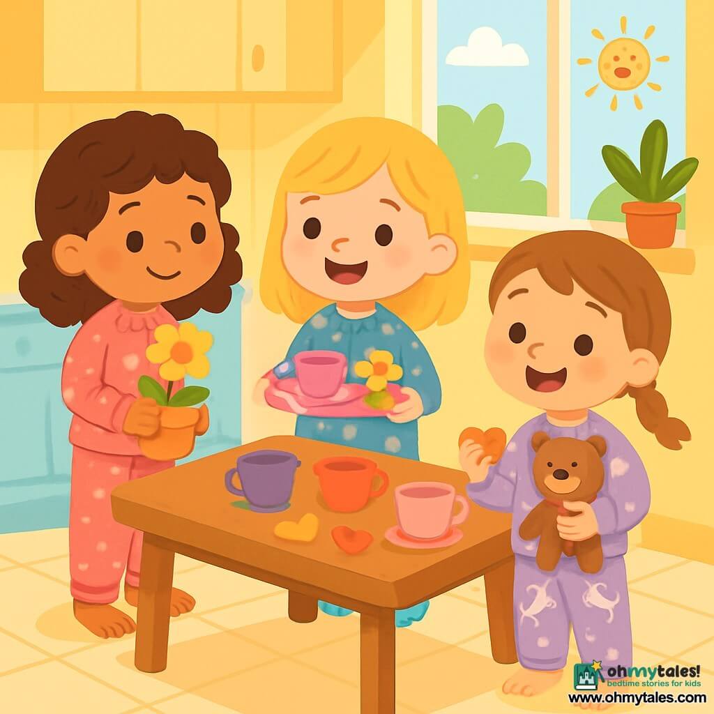 There are three characters: Mia, a 6-year-old girl with brown curly hair, wearing a pink polka dot pajama, standing on the left holding a small pot of yellow flowers; Zoe, a 5-year-old girl with straight blonde hair, dressed in a blue star pajama, smiling in the center while holding a small pink tray with a plastic tea cup; and Lily, a 4-year-old girl with chestnut hair and a small braid, wearing a purple pajama with unicorns, on the right holding a small teddy bear and a heart-shaped cookie. The scene takes place in a bright kitchen with yellow walls and windows letting in sunlight. A wooden table in the center is decorated with flowers and toys. Sunlight illuminates the tiled floor, creating a warm and cheerful atmosphere. The main situation shows the three girls gathered around the table, preparing a small snack for their mom. They are laughing and having fun, surrounded by colorful cups, heart-shaped cookies, and a lovely yellow flower on the tray. The atmosphere is filled with joy and love, celebrating Mother's Day.
