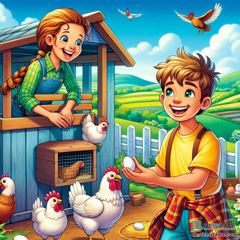Eine lächelnde Bäuerin in ihren Dreißigern mit langen, braunen Haaren, die zu einem Pferdeschwanz gebunden sind, trägt ein kariertes Hemd und Jeans. Sie sammelt fröhlich frische Eier in einem Holzgehege, umgeben von weißen und braunen Hühnern, die den Boden picken. Neben ihr beobachtet ein zehnjähriger Junge mit zerzausten blonden Haaren und einem gelben T-Shirt fasziniert. Er hält ein Ei in seinen Händen, sein Gesicht strahlt vor Stolz und Neugier. Die Szenerie ist eine charmante kleine Farm mit einem rustikalen Hühnerstall, grünen Feldern im Hintergrund und einem blauen Himmel, der mit weißen Wolken übersät ist. Die Hauptsituation zeigt die Bäuerin und den Jungen, die einen Moment der Entdeckung und Freude teilen, während sie gemeinsam die Wunder der Farm erkunden.