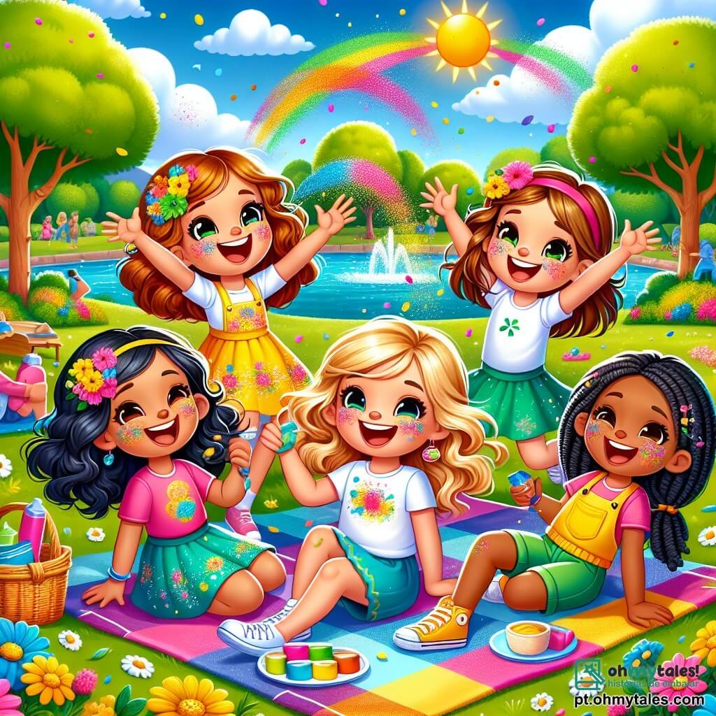 Quatro meninas alegres, Sofia (10 anos, cabelos castanhos e cacheados, vestindo um vestido amarelo), Ana (9 anos, cabelos loiros e lisos, usando uma camiseta rosa), Clara (10 anos, cabelos castanhos e ondulados, vestida com uma saia azul) e Luísa (9 anos, cabelos negros e trançados, usando um short verde), estão sentadas em uma grande toalha colorida em um parque ensolarado. O parque está repleto de flores vibrantes, árvores majestosas com folhas verdes brilhantes e um céu azul com nuvens brancas fofas. Ao longe, pode-se ver um pequeno lago brilhando ao sol. As meninas riem e se divertem, lançando pós coloridos ao ar para celebrar seu festival de cores, criando uma explosão de tons vibrantes ao redor delas. Sorrisos radiantes iluminam seus rostos enquanto se preparam para compartilhar um delicioso piquenique de verão.