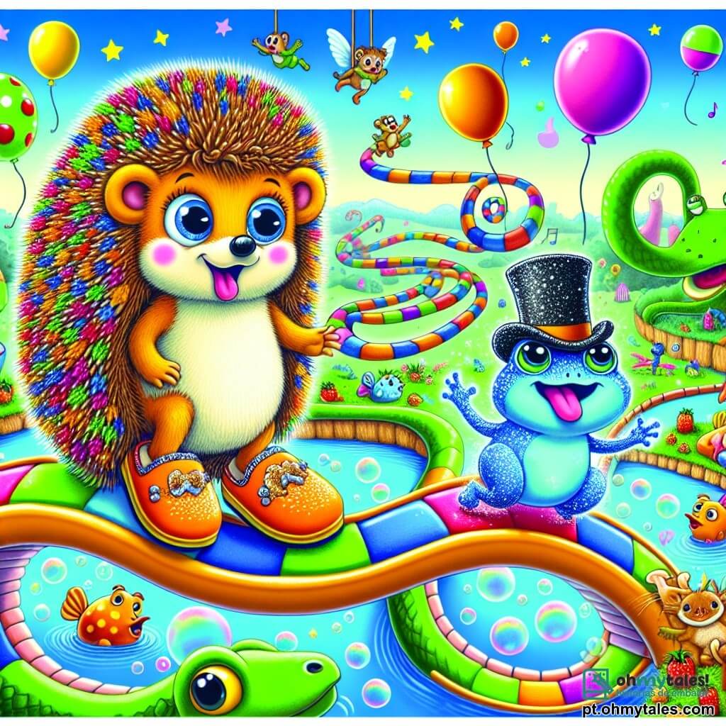 Um porco-espinho chamado Altino, com espinhos suaves e coloridos, usa pantufas laranja e exibe uma expressão de surpresa e empolgação, deslizando graciosamente por uma passarela em forma de cobra. Ao seu lado, um pequeno sapo azul coberto de purpurina, usando uma cartola, salta alegremente enquanto ri, com os olhos brilhando de travessura. Ao fundo, o Parque dos Pés Tropeçantes está cheio de caminhos sinuosos, balanços em forma de frutas gigantes e coelhos dançantes, enquanto balões coloridos flutuam em um céu azul radiante. A cena retrata Altino e Ringo atravessando uma piscina de peixes cantores, onde bolhas de sabão estouram ao redor deles, criando uma atmosfera alegre e absurda.