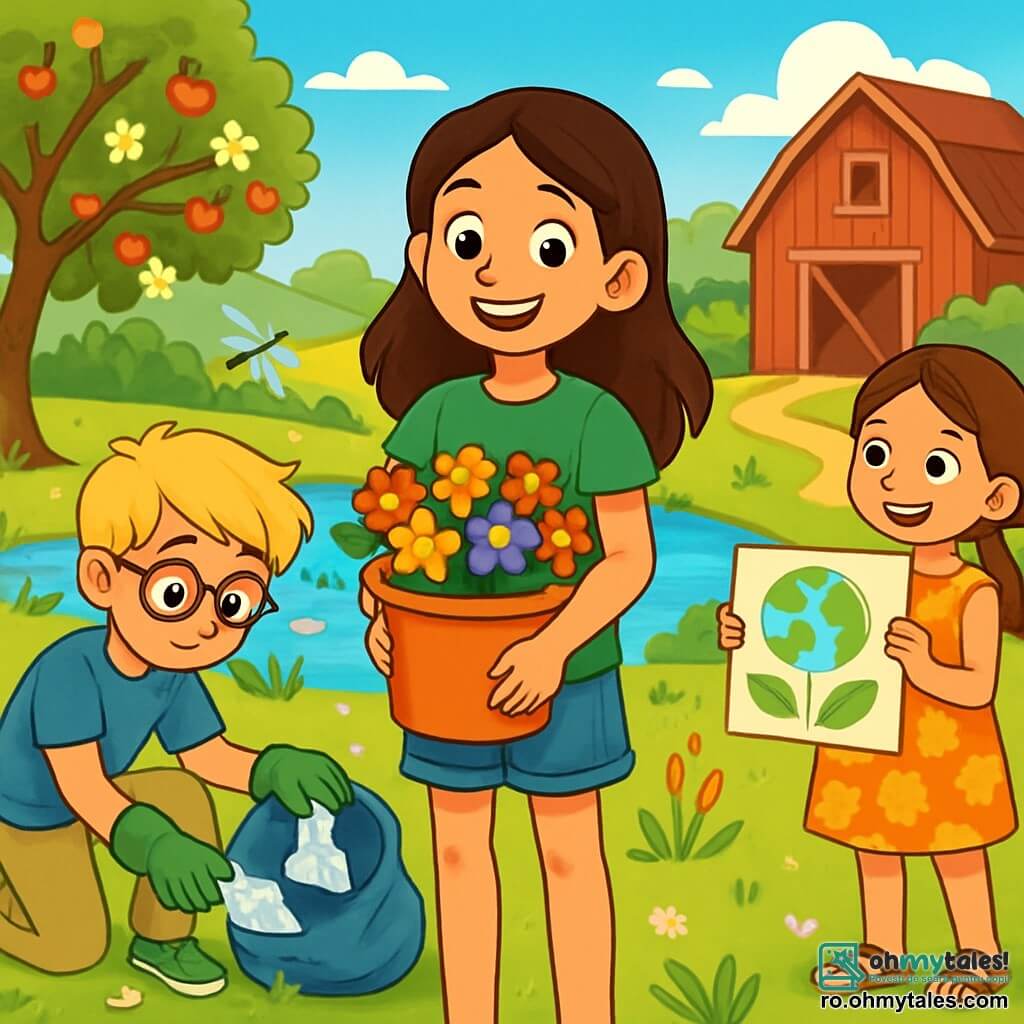 Există 3 personaje: - Andreea: o fată de 10 ani, cu păr lung brun și ochi strălucitori. Poartă un tricou verde și o pereche de pantaloni scurți din denim, ținând un găleată din plastic plină cu flori colorate. Se află în centrul imaginii, zâmbitoare, înconjurată de prietenii ei. - Radu: un băiat de 11 ani, cu păr blond ciufulit și ochelari. Poartă un tricou albastru și o pereche de pantaloni bej. Este așezat în stânga, adunând deșeuri cu mănuși de grădinărit. - Ioana: o fată de 9 ani, cu păr castaniu și o mică împletitură. Poartă o rochie cu flori și sandale. Se află în dreapta, ținând un panou colorat pe care scrie „Protejăm natura!” și îi privește pe prietenii ei cu entuziasm. Locul se desfășoară într-o fermă însorită, înconjurată de câmpuri verzi și meri înfloriți. Un mic iaz strălucește la soare, cu nuferi plutind și libelule zburând în jur. În fundal, o veche grajd roșu se ridică măreț, adăugând farmec scenei. Situația principală arată copiii curățând ferma, adunând deșeuri și plantând flori. Ei râd și se încurajează reciproc, creând o atmosferă veselă și angajantă, având grijă de mediu.