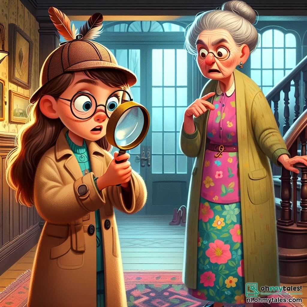Noor, een tienjarig meisje met lange bruine haren en ronde bril, kijkt aandachtig door haar vergrootglas, haar gezicht getuigt van concentratie en opwinding. Ze draagt een detectivehoed van vilt en een beige trenchcoat, wat haar een professionele uitstraling geeft. Mevrouw Jansen, een vrouw van ongeveer zeventig jaar, staat naast haar met haar handen op haar heupen en een bezorgde uitdrukking op haar rimpelige gezicht. Ze heeft grijs haar in een knot en draagt een kleurrijke bloemenjurk. De scène speelt zich af in de entree van een oud landhuis, met donkere houten muren, een grote wenteltrap en oude schilderijen aan de muur. Zacht licht valt door een stoffig raam en creëert een mysterieuze sfeer. Noor onderzoekt een veer die ze op de grond heeft gevonden, terwijl Mevrouw Jansen met haar vinger naar een modderig pootafdruk op het tapijt wijst, beiden gefascineerd door het mysterie van de verdwenen voorwerpen.