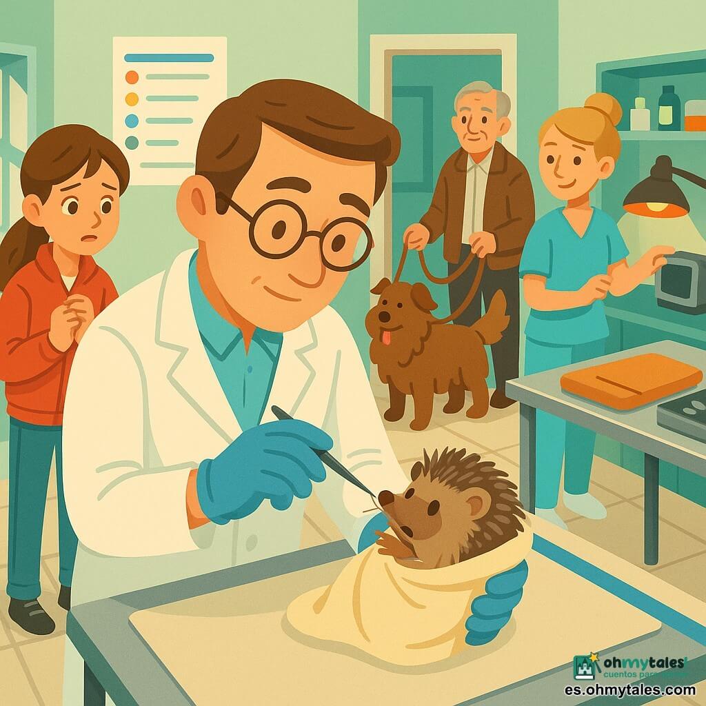 Un veterinario tranquilo y concentrado de unos cuarenta años, pelo castaño corto y gafas redondas, con bata blanca y guantes azules, sostiene un erizo envuelto en una toalla beige y usa una pinza para sacar un hilo brillante de su boca; detrás de una línea azul observa emocionada Lara, una niña de unos 12 años con coleta castaña, chaqueta roja y vaqueros; al fondo, el abuelo de unos 70 años con chaqueta marrón sujeta la correa de Rocky, un gran perro marrón y peludo que mueve la cola; una asistente de unos 25 años, rubia con moño, prepara un monitor y una lámpara térmica; la clínica es luminosa y ordenada, paredes mint, suelo claro, estanterías con utensilios y una pequeña ventana; la escena principal es el acto delicado y compasivo del veterinario, ambiente sereno, colores cálidos y estilo vectorial infantil.