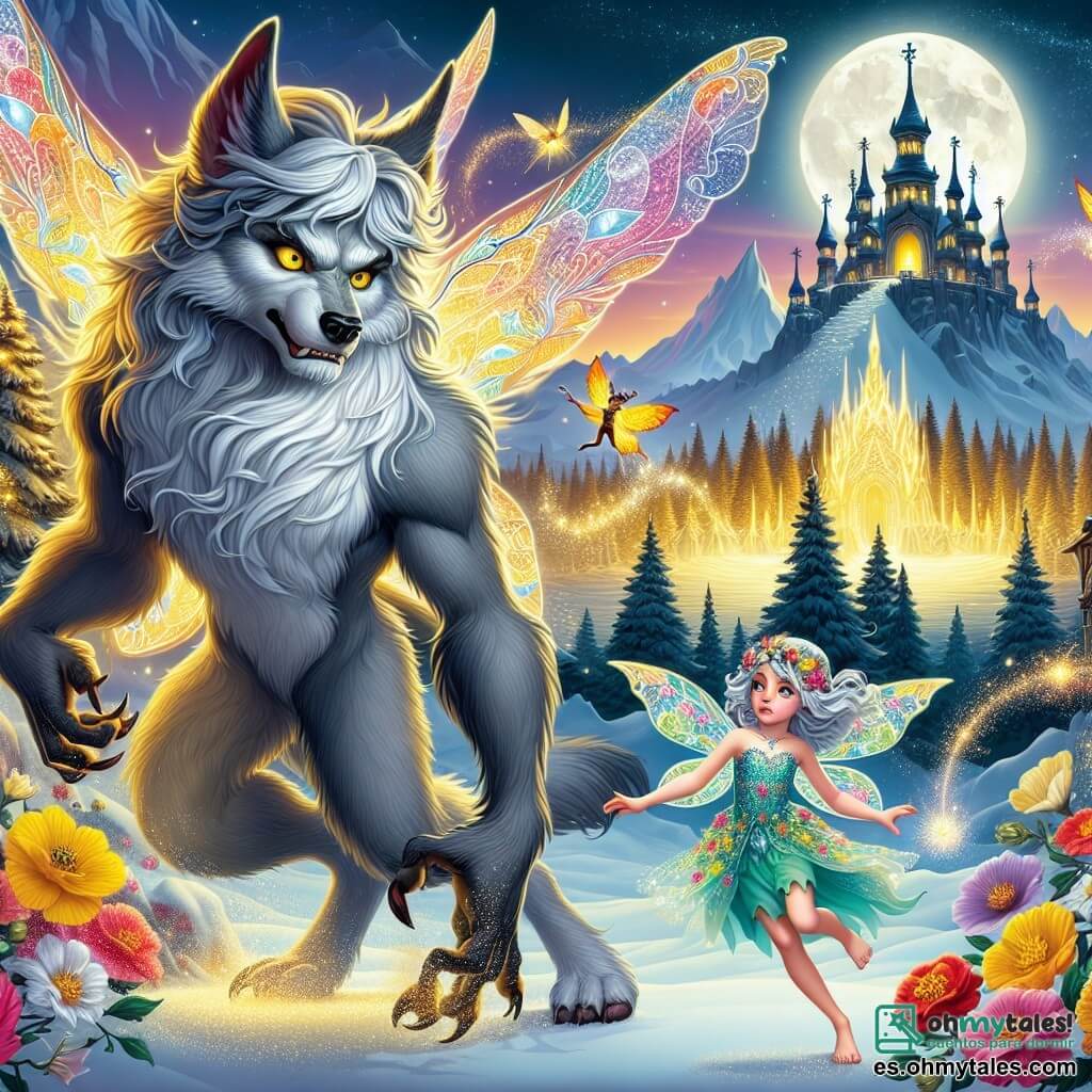 En primer plano, un majestuoso hombre lobo llamado Lupo se mantiene orgulloso y valiente. Su pelaje es de un brillante color plata, resplandeciendo bajo la luz de la luna, con ojos amarillos penetrantes que expresan determinación. Está en posición de defensa, con las patas delanteras ligeramente flexionadas, listo para proteger el santuario mágico. A su lado, una pequeña hada llamada Lila, de aproximadamente 8 años, vuela con gracia. Tiene alas translúcidas que brillan como diamantes y lleva un vestido hecho de pétalos de flores coloridas. Levanta una mano para lanzar polvo de hada, iluminando el aire a su alrededor. En el fondo, el santuario mágico se alza en la cima de una montaña nevada, rodeado de grandes árboles de troncos dorados y flores multicolores que parecen bailar al compás del viento. La luna brilla intensamente en el cielo estrellado, proyectando una luz suave sobre la escena. La situación principal muestra a Lupo defendiendo el santuario contra sombras amenazantes que se acercan, mientras que Lila utiliza su magia para repelerlas. La atmósfera es tensa y mágica, llena de colores vivos y una luz deslumbrante.