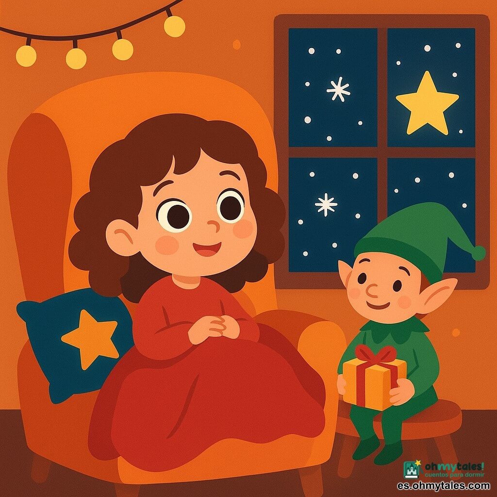Una niña de 4 años, Nela, con grandes ojos brillantes y cabello castaño rizado, está sentada en un gran sillón mullido, envuelta en una manta roja. Tiene una sonrisa cálida y mira con asombro una estrella brillante a través de la ventana. A su lado, un elfo alegre, con un gorro verde y orejas puntiagudas, sostiene un pequeño paquete dorado y descansa en el borde del sillón. La habitación está decorada con guirnaldas luminosas y cojines estrellados, con una suave luz dorada que ilumina el interior. Una ventana muestra la nieve cayendo suavemente afuera, creando un ambiente mágico y festivo. La escena captura un momento de confort y magia navideña, con colores vivos y detalles encantadores.