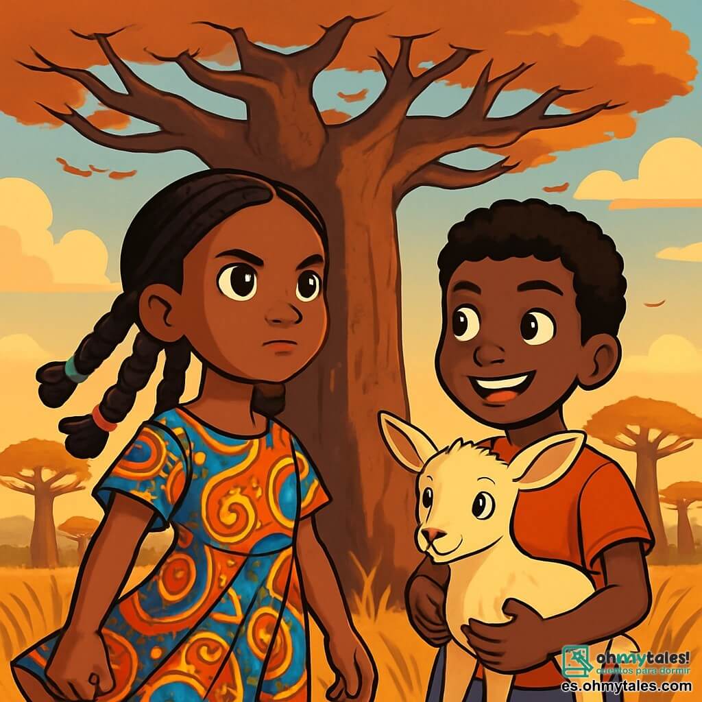 Amina, una niña de once años, se encuentra frente a un majestuoso baobab con ramas extendidas, su rostro iluminado por una determinación vibrante. Sus ojos brillantes y profundos, rodeados de cabello negro trenzado con cintas coloridas, expresan tanto valentía como curiosidad. Lleva un vestido de tela africana con patrones llamativos que danza con el viento. A su lado está Kofi, su mejor amigo, un niño de doce años con cabello rizado y una sonrisa traviesa. Sostiene una pequeña cabra, Mwezi, que observa a su alrededor con ojos curiosos. Kofi se inclina ligeramente hacia Amina, listo para animarla en su búsqueda. El escenario es una sabana africana bañada por la luz dorada del sol poniente, con hierbas altas que se mueven suavemente y un cielo salpicado de nubes rosas y naranjas. En el fondo, otros baobabs se alzan como testigos silenciosos de historias antiguas. La escena captura el momento en que Amina, llena de determinación, se prepara para hablar con el baobab Guardián, cuyo tronco rugoso parece vibrar con una sabiduría ancestral. Los pájaros cantan suavemente, y la atmósfera está impregnada de una mezcla de emoción y misterio mientras se prepara para restaurar la justicia en su comunidad.