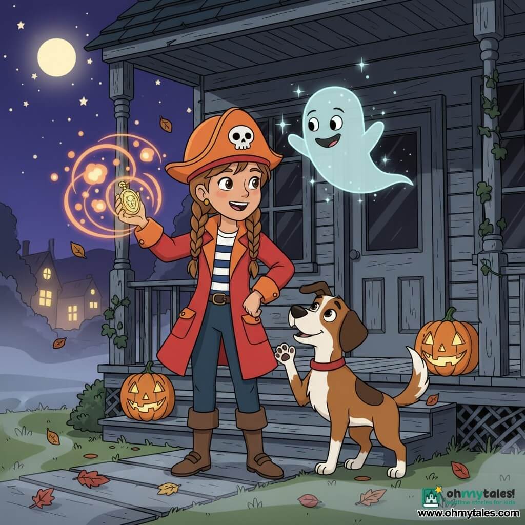 Twelve-year-old Lily, light brown hair in braids, wearing an orange pirate helmet and bright red coat, stands on the porch at night holding a sparkling golden amulet toward a small pale-blue translucent ghost with a mischievous smile floating above her right shoulder as orange and purple magic orbs swirl; her medium-sized brown-and-white dog Max, curious muzzle and paw raised, watches amazed; an old gray cracked wooden house with smoky windows, dark ivy and lit orange pumpkin lanterns forms the background amid light ground fog, swirling autumn leaves, a starry sky with a full moon and warm neighbor lights, creating a mysterious yet joyful atmosphere.