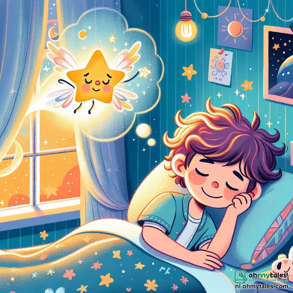 Een 10-jarig jongetje met kastanjebruin, krullend haar ligt op zijn comfortabele bed met een grote serene glimlach op zijn gezicht. Zijn ogen stralen van verwondering terwijl hij naar een fonkelende ster kijkt die boven hem zweeft. Naast hem straalt een zachte gouden licht uit een ster, belichaamd door een klein, stralend wezentje met delicate vleugels en een glimlachend gezicht, dat lijkt te dansen in de lucht. De scène speelt zich af in een warme kamer met pastelblauwe muren, versierd met astronomieposters en zachte knuffels. Een lichte bries laat de luchtige gordijnen bewegen, waardoor een sterrenhemel door het open raam te zien is. Het jongetje droomt vredig, omringd door een sfeer van rust en magie, terwijl de ster hem uitnodigt voor een betoverende reis in een wereld van heldere en rustgevende dromen.