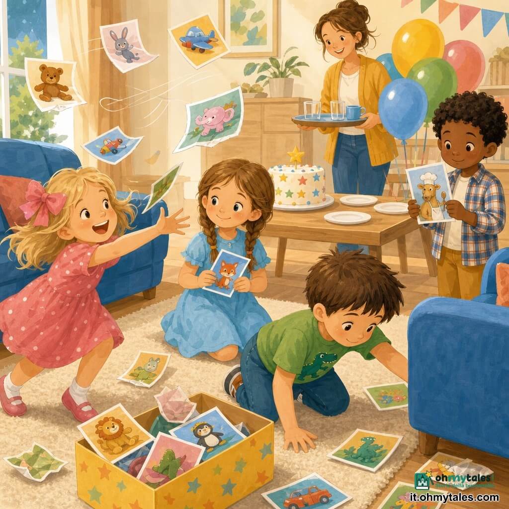 Bambina di circa 6 anni, sorridente e calma, capelli castano chiaro in due trecce, vestito azzurro stropicciato, tiene delicatamente una carta colorata e guarda gli altri; a sinistra Nora, 6 anni, capelli biondi con grande fiocco rosa, ride e tende la mano per afferrare una carta volante; in primo piano a destra Tommaso, 6-7 anni, capelli corti castani, maglietta verde con dinosauro, è inginocchiato a cercare una carta sotto il divano; vicino al tavolo Samir, 6 anni, capelli neri ricci, camicia a quadri, tiene timidamente una carta con un cammello cuoco; la mamma con i capelli raccolti è sullo sfondo vicino al tavolo con un vassoio di bicchieri e una tazza, sorride osservando; salotto luminoso con tappeto beige, divano blu e tavolino in legno chiaro con torta bianca decorata, palloncini colorati e piatti vuoti; carte illustrate colorate fluttuano nell'aria come foglie; scena di scambio di carte durante una festa di compleanno, vento giocoso le fa volare, i bambini si chinano per raccoglierle con gesti calmi e cooperativi; stile gouache texturizzato, colori vivaci e caldi, ombre morbide, atmosfera accogliente e ordinata.