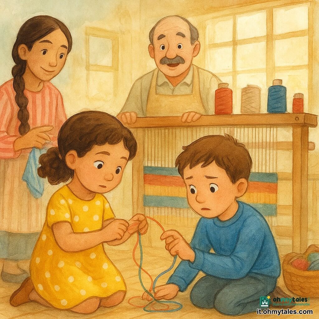 Una bimba di 6 anni, concentrata e determinata, viso rotondo, capelli castani ricci raccolti in una piccola coda, con un vestito giallo a pois bianchi, tiene delicatamente un filo colorato tra due dita e osserva un nodo di lana; accanto a lei un bambino di 6 anni, Nino, ansioso ma volonteroso, capelli castano corti, con un maglione blu, è in ginocchio e infila un dito nel nodo per aiutare a scioglierlo; dietro di loro un uomo di circa 50 anni, baffuto, con un grande grembiule di tela beige, sorride sorpreso vicino a un telaio osservando benevolo; a sinistra una donna di circa 40 anni, capelli castani in lunga treccia, con una camicetta a righe rosse, tiene un piccolo pezzetto di stoffa rigata pronta ad aiutare; l'officina è ampia e luminosa con pavimento in legno, grandi finestre che lasciano entrare una luce dorata, diversi telai in legno, rocchetti di filo rossi, blu e crema allineati e cesti di matasse sparsi, mentre la scena principale mostra i bambini che collaborano a disfarsi di un nodo in una rete di fili colorati su un grande telaio in un'atmosfera dolce e calda.