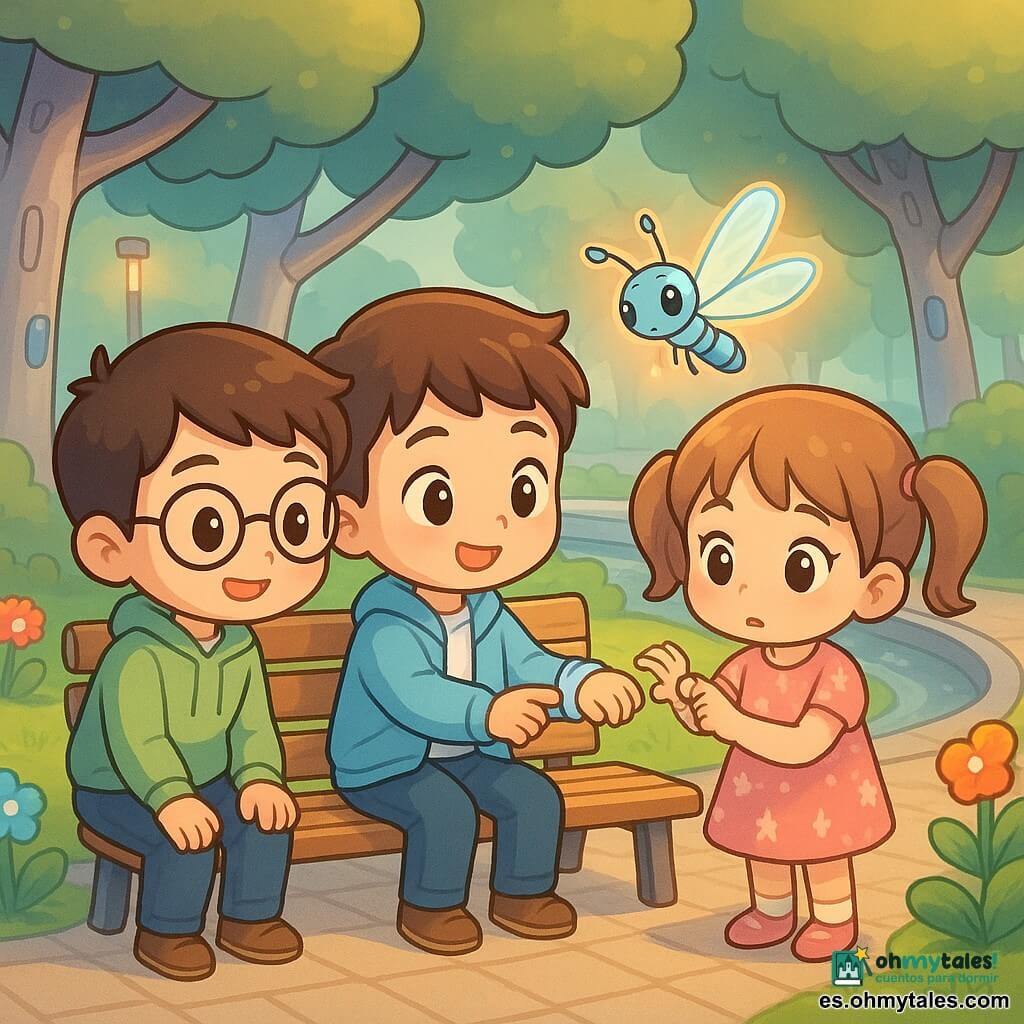 Hay 3 personajes: Hugo (niño, 9 años): pelo castaño corto, ojos risueños, chaqueta azul claro y pulsera luminosa plateada en la muñeca; sentado en un banco de madera al centro, extendiendo la pulsera hacia la niña. Samuel (niño, 9 años): pelo negro en cepillo, gafas redondas, sudadera verde pálido; de pie a la izquierda del banco, inclinado y sonriente, listo para ayudar. La niña (5 años): coletas, vestido rosa con estrellas, pasa de inquieta a confiada; a la derecha del banco sostiene la pulsera y presiona el botón. Lugar: parque central futurista con senda empedrada, grandes árboles con troncos metálicos con sensores, pequeño puente sobre un arroyo artificial plateado, bancos de madera clara, farolas delgadas de luz cálida y flores robóticas cambiantes. Situación: la niña activa la pulsera y aparece una libélula robot luminosa volando sobre el banco; luz cálida alrededor, atmósfera tranquila y reconfortante, estilo chibi kawaii, colores pastel vivos y rasgos redondeados.