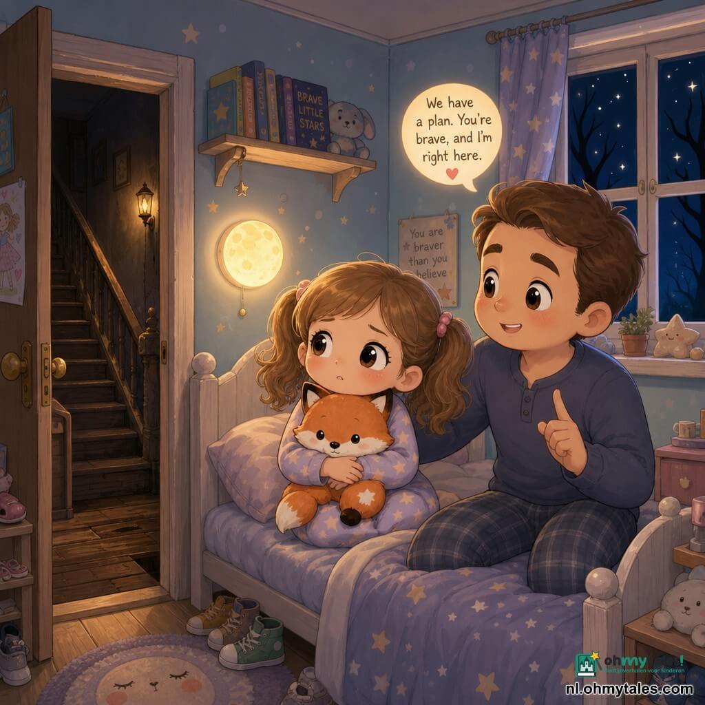 Een 8-jarig meisje met grote glanzende ogen, bezorgde maar nieuwsgierige blik, houdt een klein oranje vosje vast; lichtbruin haar in dotjes, nachthemd met sterretjes en lichtroze wangen, zittend midden op het bed. Haar vader van ongeveer 35, vriendelijk en mollig, kort bruin haar en zachte glimlach, zit op de rand van het bed met een geruststellende hand bij haar. Kleine gezellige slaapkamer met lichtblauwe muren, ronde nachtlamp met warm geel licht, raam op een sterrennacht met takschaduwen, plank met kleurige boeken en een stapel schoenen bij de deur; op de gang een nauwe houten trap met licht versleten treden en een flikkerend lampje. Kalm moment: het meisje kijkt naar de opengaande deur, aarzelend maar moedig, terwijl papa haar een plan aanbiedt om haar angst te overwinnen; zachte pasteltinten, ronde lijnen en troostvolle sfeer ondanks de donkere gang.