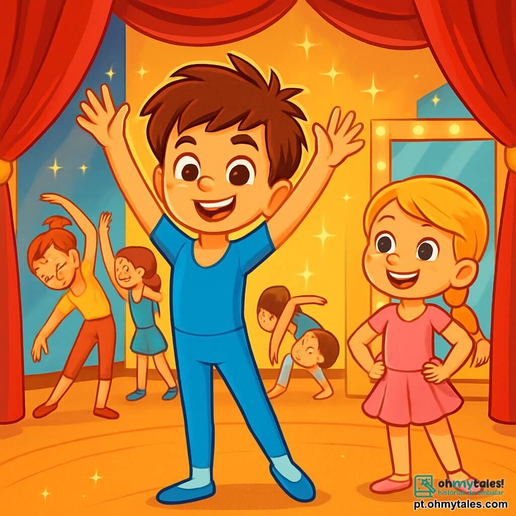 Um menino de 8 anos, Lucas, com cabelos castanhos bagunçados e olhos brilhantes de determinação, veste um collant azul vivo e sapatilhas de dança. Ele está no centro do palco, com os braços levantados, sorrindo com uma expressão de alegria e confiança. À sua direita, Sofia, uma menina de 8 anos com longos cabelos loiros trançados e um vestido de dança rosa, o incentiva com um grande sorriso, as mãos na cintura. O cenário é um teatro iluminado, com cortinas vermelhas e luzes cintilantes que iluminam o palco. Espelhos dourados refletem os movimentos das crianças que estão se aquecendo. A situação principal mostra Lucas, pronto para dançar, superando sua nervosismo, enquanto colegas de dança se alongam ao fundo, alguns o observando com curiosidade. A atmosfera é cheia de energia e camaradagem, destacando a importância da igualdade de gêneros na dança.