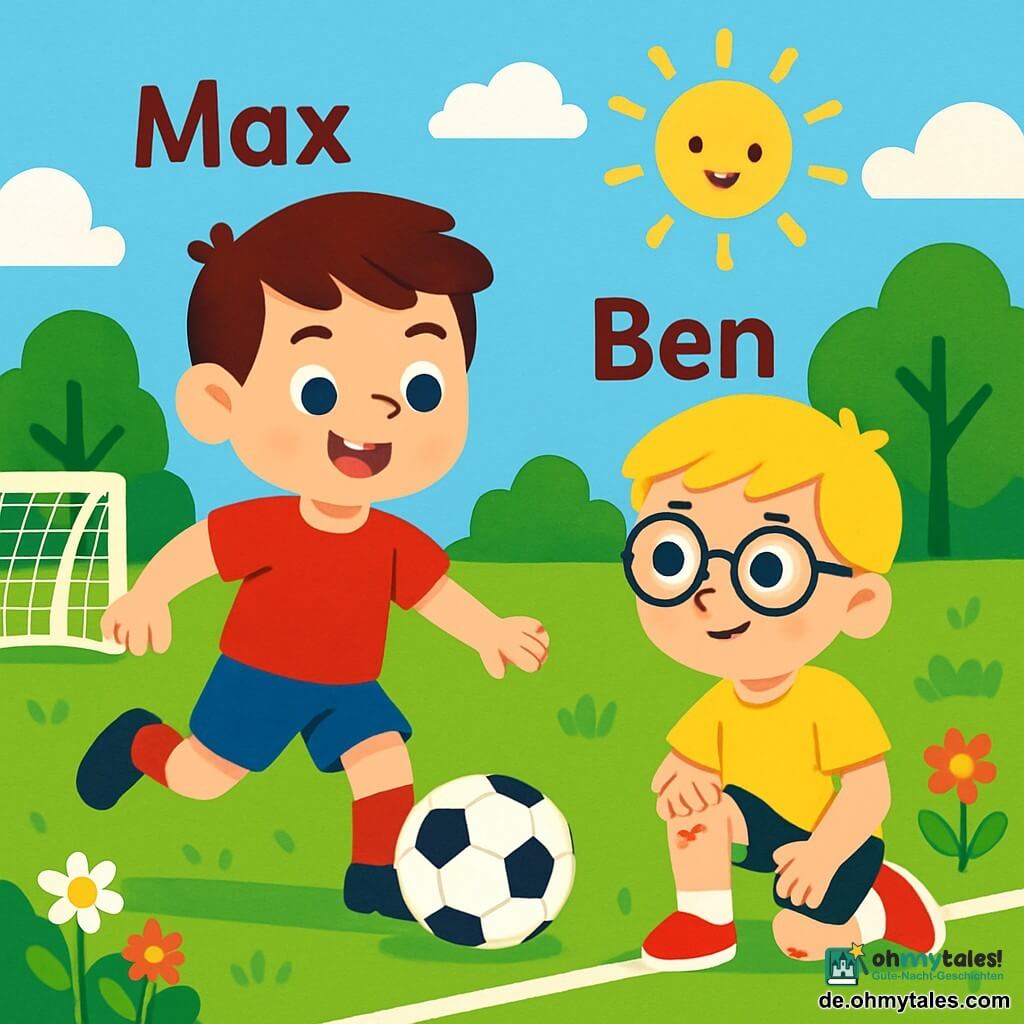 Ein fröhlicher und lächelnder Mann namens Max trägt ein rotes Fußballtrikot und eine blaue Shorts. Er hat braune Haare und strahlende Augen. Max dribbelt einen Fußball auf einem grünen Feld, seine schnellen Füße berühren kaum das Gras. Neben ihm steht sein Freund Ben, ein 8-jähriger Junge mit blonden Haaren und einer Brille, der sich nach einem Sturz aufrichtet. Er hat ein leichtes Lächeln im Gesicht, obwohl er ein aufgeschürftes Knie hat. Ben trägt ein gelbes T-Shirt und eine schwarze Shorts und steht an der Seitenlinie, bereit, das Spiel fortzusetzen. Der Ort ist ein schöner Fußballplatz, umgeben von grünen Bäumen und einem strahlend blauen Himmel. Die Sonne scheint und beleuchtet das Feld mit Wildblumen. Die Hauptsituation zeigt Max in Aktion, wie er begeistert den Ball dribbelt, während Ben, obwohl gefallen, von seinem Freund unterstützt wird. Die Atmosphäre ist fröhlich und freundlich, voller Kameradschaft und Spiel.