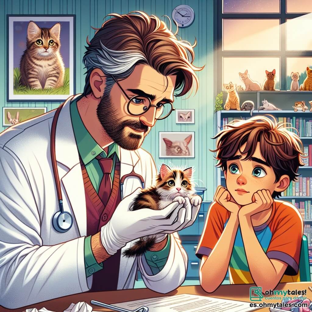 Un veterinario hombre de unos cuarenta años, con barba castaña ligeramente despeinada y gafas redondas, muestra una profunda concentración y amabilidad en su mirada. Lleva una bata blanca y guantes de látex, mientras examina atentamente un pequeño gatito de ojos brillantes, acurrucado en sus brazos. A su lado, un niño de doce años, Lucas, con cabello castaño desordenado y una camiseta colorida, observa con asombro. Está agachado, con las manos sobre las rodillas, y mira al veterinario con admiración, listo para aprender. La escena tiene lugar en una clínica veterinaria acogedora, llena de carteles de animales en las paredes, estanterías repletas de libros sobre el cuidado animal y juguetes para mascotas esparcidos por el suelo. Una ventana deja entrar la luz del sol, iluminando el rostro del veterinario y el gatito. La situación principal muestra al veterinario cuidando del gatito herido, mientras Lucas, fascinado, aprende la importancia de cuidar a los animales y ayudarles a sanar.