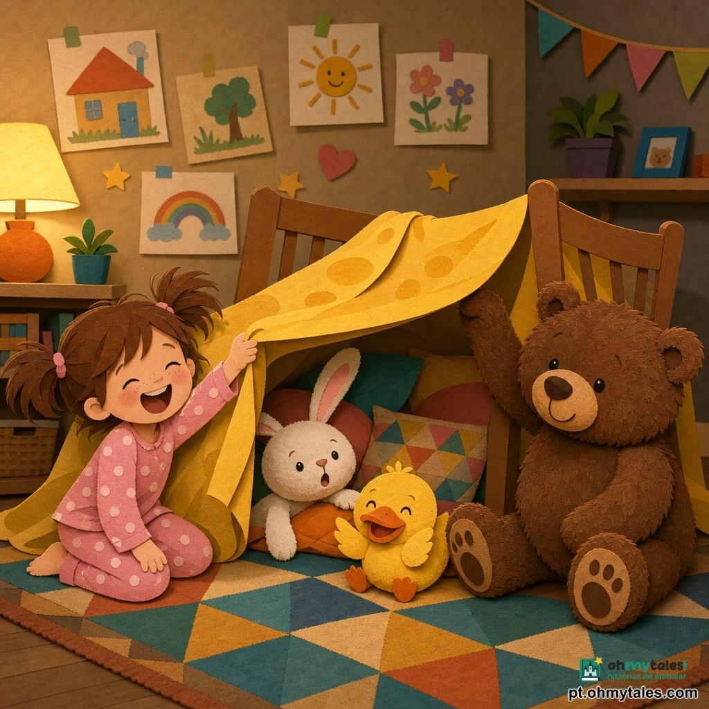 Uma menina de 4 anos, alegre e travessa, cabelos castanhos em duas couettes um pouco despenteadas, pijama rosa com bolinhas, segurando a ponta de um grande lençol amarelo e rindo com sorriso largo; um ursinho de pelúcia marrom (Tomás), grande e macio, sentado no tapete ao lado com uma pata levantada; uma coelhinha de pelúcia branca (Rita), orelhas longas com interior rosa, metade escondida sob o lençol com uma patinha à mostra e expressão surpresa e divertida; um patinho de pelúcia amarelo vivo (Zeca), pequeno e redondo, preso na entrada da tenda com bico laranja aparente; cenário: sala aconchegante com tapete grosso de padrões geométricos, duas cadeiras de madeira clara sustentando o lençol, almofadas coloridas empilhadas, luz suave e paredes com desenhos infantis; situação: construção de uma tenda improvisada com lençol meio torto e almofadas dentro, personagens amontoados e rindo, atmosfera acolhedora e luz difusa, composição em camadas com texturas visíveis.