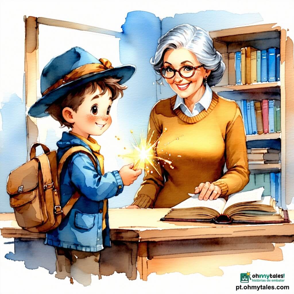 Tomás, menino de 6 anos, sorridente e orgulhoso, cabelos castanhos despenteados, jaqueta azul e chapéu de feltro azul, estende um marcador de página dourado brilhante à bibliotecária Dona Teresa, mulher de cerca de 60 anos, cabelos grisalhos presos em coque, óculos redondos e suéter mostarda, que recebe o marcador com delicadeza atrás de uma grande mesa de madeira; Miguel, menino de 7 anos, tímido, cabelos pretos curtos e camiseta verde, observa segurando lápis de cor; Sofia, menina de 8 anos, vestida com um vestido de bolinhas rosa e cabelos em coques, está sentada lendo um livrinho e sorrindo; o Sr. Rodrigo, homem de cerca de 65 anos, cabelos brancos e bigode, veste casaco marrom e encosta a bengala numa estante ao fundo, olhando com benevolência; ambiente: interior acolhedor de biblioteca com estantes de madeira e livros coloridos, tapete estampado, janela redonda com luz suave, cartazes de contos nas paredes e uma mesa com migalhas e uma torta de maçã; situação: entrega do marcador dourado em momento calmo e alegre entre amigos, cores em aquarela pastel, texturas suaves, iluminação quente e composição centrada na mão que oferece o marcador.