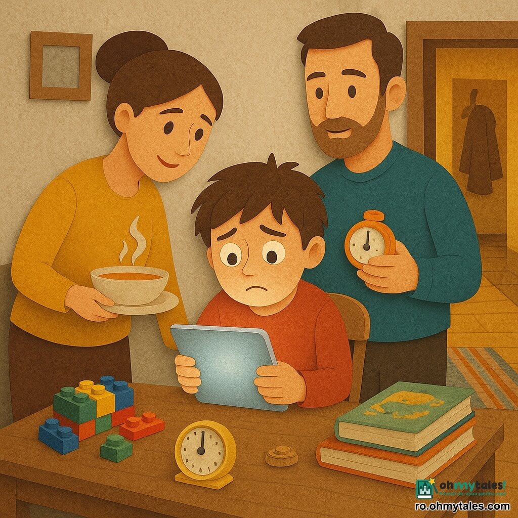 Un băiat de 10 ani, faţă rotundă, păr castaniu neîngrijit, ochi mari îngrijoraţi, ţine o tabletă luminoasă pe o scăună mică, cu expresia atrasă şi vinovată; mama, ~35 ani, păr în coc, zâmbitoare şi atentă, stă lângă masă cu o farfurie de supă fierbinte, aplecată spre el; tatăl, ~38 ani, barbă scurtă, privire calmă, ţine un mic cronometru portocaliu în palmă, stând în spatele băiatului ca pentru un compromis; pe masă o cutie cu piese Lego colorate, o mică stivă de cărţi ilustrate cu copertă vizibilă şi un cronometru mecanic vintage, toate aranjate ordonat; decorul e un colţ de living cald deschis spre holul de la intrare — parchet deschis, covor ţesut în nuanţe blânde, uşă deschisă cu un palton agăţat şi lumină galbenă; scena pune în prim‑plan alegerea băiatului între tableta sclipitoare şi celelalte obiecte, cu tăieturi de hârtie cu margini nette, culori vii, umbre plate şi texturi aplicate pentru a accentua tableta strălucitoare, supa aburindă şi Lego‑urile mate.