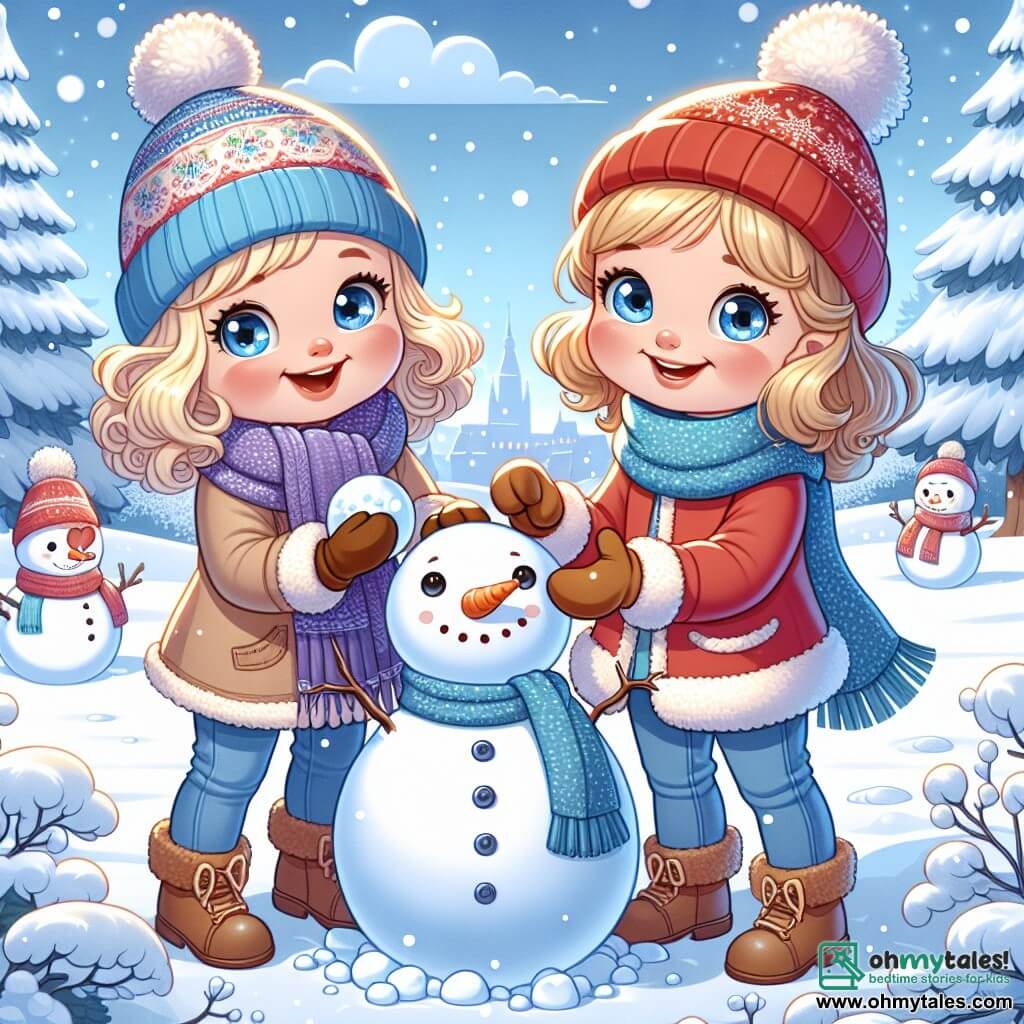 A 3-year-old girl with sparkling blue eyes and curly blonde hair stands in the snow, smiling with joy. She wears a red hat with a pom-pom, a blue scarf, and brown gloves, holding a snowball in her small hands. Next to her, her mother, a woman in her thirties with brown hair in a bun and a warm smile, helps her build a snowman, slightly bent over as she adds a carrot nose. The enchanting winter landscape features trees covered in sparkling snow, a clear blue sky, and gently falling snowflakes. The main scene shows the girl and her mother creating a cheerful snowman, surrounded by laughter and winter magic, capturing the spirit of winter and shared happiness.