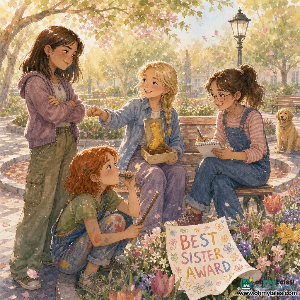 Four girls: Mina, 12, dark chestnut straight shoulder-length hair, mischievous look, arms crossed on the left of the bench, proud but softened smile; Tess, 12, brown ponytail, round glasses, notebook and pen on the right of the bench, taking serious notes while snickering; Ivy, 11½, short red hair, paint on her knees, crouched by the flowerbed in front of the bench, blowing a small whistle and holding a noise-making spoon; Nora, 11, youngest, blonde braided hair, seated center on the bench holding a small golden sock-shaped trophy in a box, embarrassed but beaming; scene: a pedestrian roundabout turned park with a paved circular path, colorful flowerbeds, wooden benches, a vintage lamppost, a golden retriever in the background, sunbeams through low branches and petals in the breeze; main action: a handmade trophy ceremony with the four sisters laughing around the bench, a poster in the flowerbed reading BEST SISTER AWRAD, joyful slightly awkward pastel atmosphere, friendly gestures and a light wind lifting the poster corner.
