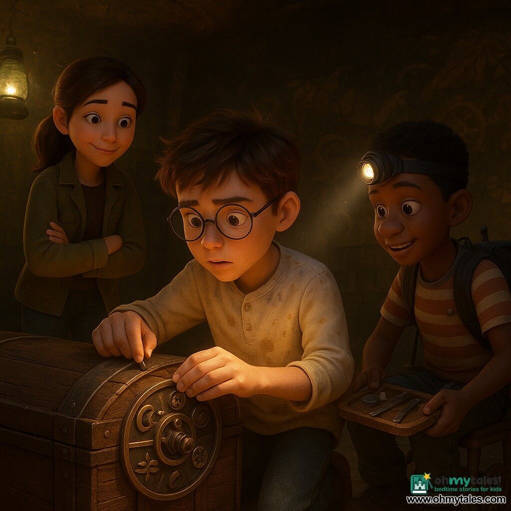 Three children: Milo, about 11, in a light oil-stained smock with tousled short brown hair and crooked round glasses, kneels before a dark wooden chest with his hands on a circular four-ring lock; Lila, about 12, with brown hair in a ponytail, a khaki jacket and muddy boots, stands slightly behind left with arms crossed holding an unlit torch and a worried smile; Jaden, about 11, dark-skinned in a striped T‑shirt with a backpack of tools, sits in a small wheelchair to the right offering a headlamp that lights the lock and a small tray of tools. Setting: underground pump station turned secret room with damp brick walls painted with murals (sails, waves, leaves, gears), greenish glass lanterns, stone floor, light mist and dust in warm contrasted light. Main scene: the children work together repairing a complex ancient chest lock — close-up on the circular lock with four symbol-adorned rings (star, wave, leaf, gear) and a small metal piece inserted, worn cracked wood, polished rusted metal, and dust motes visible in the beams of light, evoking adventure and cooperation.