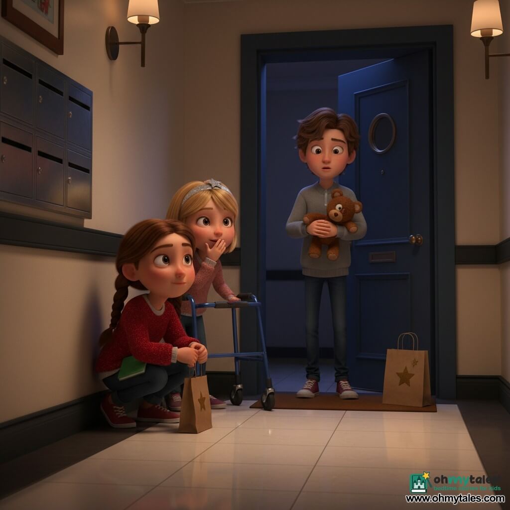 Three children in a nighttime apartment corridor: Maya, 6, braided brown hair, red sparkly sweater, green notebook in her pocket, crouched left behind the corner holding a small paper bag; Zara, 6, short hair with a silver star headband, blue jacket and a small blue rolling walker beside her, slightly behind Maya to the right with a hand to her mouth; Eli, about 10, messy brown hair, gray hoodie, holding a one‑eyed teddy and a gift bag with a gold star, standing in a partly open blue door at the end of the hallway. The shiny tiled floor, cream walls, metal mailboxes to the left and warm wall sconce light set an intimate mood as the girls, who have just left a surprise bag by the door, watch hidden while Eli opens the door and reacts with a shy, warming smile.