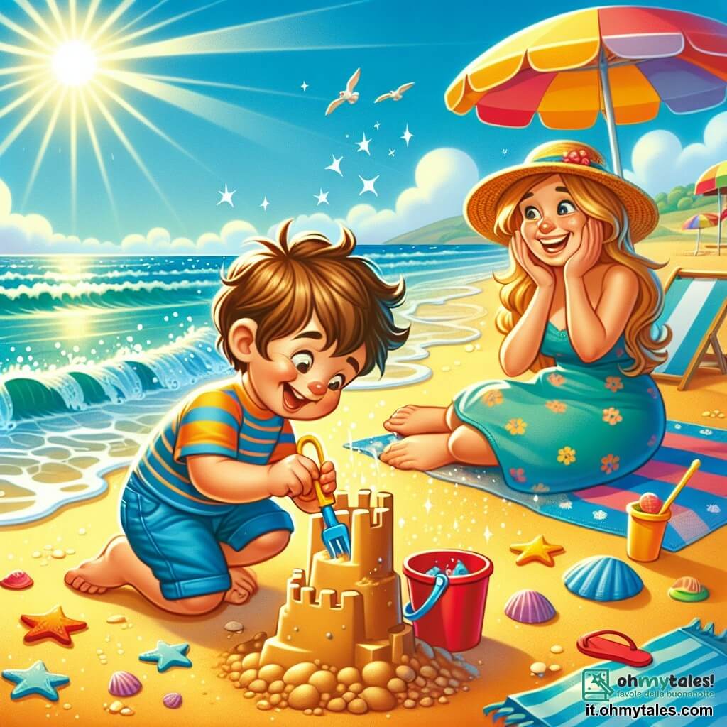 Un bambino di 2 anni, con capelli castani disordinati e un grande sorriso gioioso, gioca su una spiaggia di sabbia dorata. Indossa un costume da bagno blu a righe e sandali gialli, scavando una buca nella sabbia con un secchiello rosso. Accanto a lui, la mamma, una donna di circa trent'anni con capelli lunghi e biondi, indossa un cappello di paglia e sorride guardando il figlio, seduta su un asciugamano da spiaggia colorato. Sullo sfondo, il mare scintilla sotto il sole, con onde dolci e conchiglie sparse sulla sabbia. Ombrelloni multicolori si ergono sulla spiaggia e bambini ridono e giocano in lontananza. La scena principale mostra il bambino, stupito, mentre costruisce un castello di sabbia, mentre la mamma lo incoraggia con gesti entusiasti, creando un'atmosfera gioiosa e estiva.