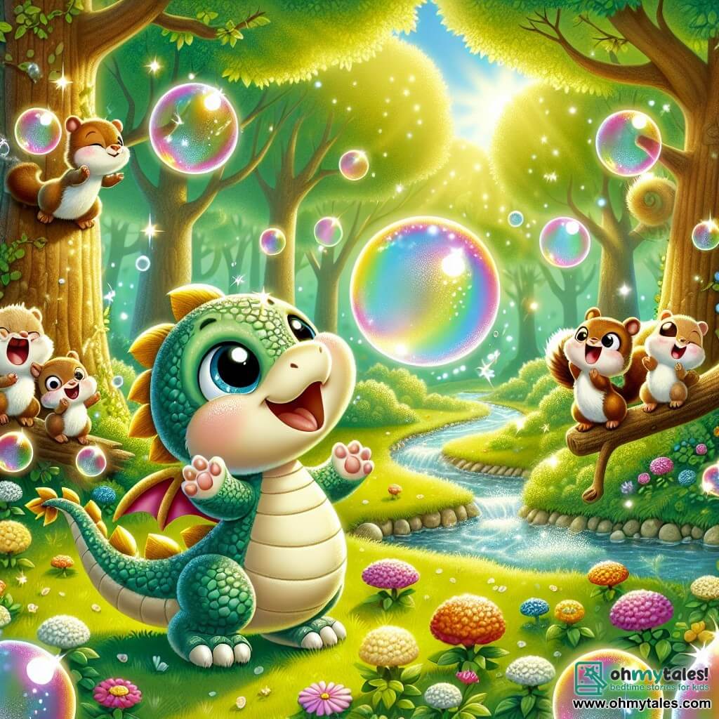 An illustration depicts a small dragon with shimmering scales like morning dew. It has slightly small wings for its round body and shows a determined and joyful expression. It enthusiastically blows to create a colorful bubble rising into the air. Nearby, a group of cheerful squirrels with brown fur and sparkling eyes watches in amazement. They are perched on a branch, clapping and laughing, their little paws raised in encouragement. The main setting is a sunny clearing in the Whispering Forest, surrounded by majestic trees with bright green leaves. Colorful flowers dot the ground, and a sparkling stream flows nearby, creating a joyful, festive atmosphere. The main scene shows the little dragon trying to blow the largest bubble possible, while colorful bubbles float around it, capturing sunlight and creating an enchanting display. Other graphic elements include bubbles of various sizes and colors, sparkling light bursts, and a festive atmosphere with flower garlands hanging from the trees, adding a touch of magic to the scene.