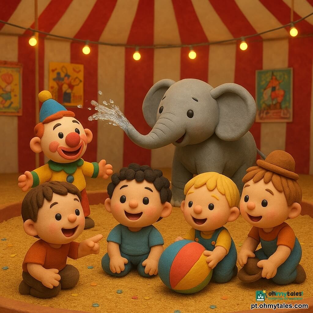 Quatro meninos quase 2 anos — João (cabelos castanhos curtos, bochechas rosadas, à esquerda, aponta excitado), Pedro (cabelos negros encaracolados, sentado à frente, olha o elefante), Miguel (cabelos loiros, macacão azul, à direita, empurra uma grande bola colorida) e Lucas (cabelos castanhos, com um chapéu engraçado, agachado segurando um pequeno chapéu) — em um grande picadeiro de circo listrado vermelho e branco com chão de serragem dourada, luzes e cartazes, ao redor de uma pista circular com confetes; os quatro riem enquanto um elefante cinza balança a tromba e lança um jato de água brilhante, um palhaço de nariz vermelho faz uma careta e uma bola multicolorida rola na direção das crianças.
