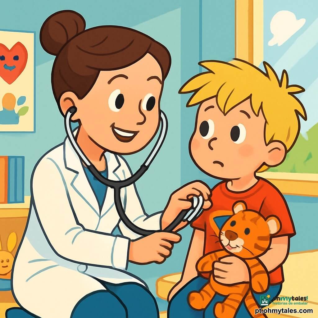 Uma médica mulher, na casa dos trinta anos, sorridente e calorosa, com cabelos castanhos presos em um coque, usa um jaleco branco e um estetoscópio ao redor do pescoço. Ela está agachada, ouvindo o coração de um menino de 6 anos chamado Léo, que segura um tigre de pelúcia nos braços, com uma expressão curiosa e um pouco nervosa. Léo tem cabelos loiros bagunçados e veste uma camiseta vermelha com um desenho de super-herói. O cenário é um consultório médico iluminado, com paredes pintadas de azul pastel, cartazes coloridos sobre saúde nas paredes e uma grande janela que deixa entrar a luz do sol. Em uma mesa, há brinquedos e livros infantis, criando uma atmosfera acolhedora e alegre. A situação principal mostra a médica explicando a Léo como ouvir seu coração com um estetoscópio, enquanto o tigre de pelúcia também é "examinado", adicionando um toque lúdico a este momento de cuidado e aprendizado.