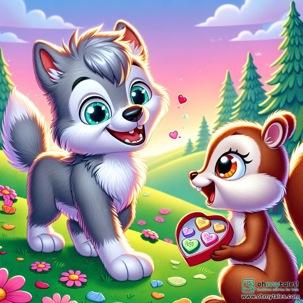 A young wolf with fluffy gray fur named Lenny stands joyfully at the top of a green hill, wearing a big bright smile. His eyes sparkle with excitement as he looks at his friend holding a heart-shaped candy box. Next to him, a small squirrel named Millie, with brown fur and bright eyes, shows a mix of surprise and happiness as she opens a heart-shaped candy, her tiny paws trembling with enthusiasm. The enchanting setting features a hill dotted with colorful flowers, and in the background, the sky is painted in shades of pink and gold, illuminating the landscape with a soft late afternoon light. The scene captures the magical moment when Lenny reveals his surprise plan for Valentine's Day, surrounded by a joyful and friendly atmosphere filled with promises of adventure and shared happiness.