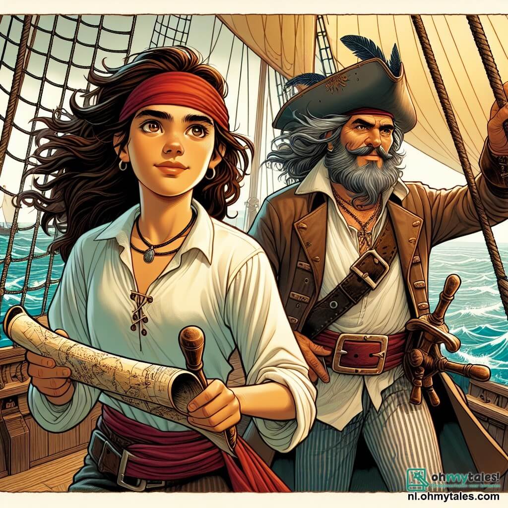 Anouk, een jonge vrouw van ongeveer 20 jaar, staat trots op de brug van het piratenschip, met haar bruine haar dat in de wind waait. Ze draagt een rode bandana en een witte blouse, met een vastberaden blik en sprankelende ogen van opwinding. Ze houdt een oude kaart in haar handen en speurt de horizon af naar het legendarische eiland.

Naast haar staat Kapitein Roderick, een man van vijftig met een grote grijze baard en een piratenhoed versierd met veren, die de zee met een serieuze blik observeert. Hij is gekleed in een lange leren jas en gestreepte broek, met een zwaard in zijn andere hand.

Achter hen past Finn, een jonge man van ongeveer 18 jaar met wild blond haar, behendig de zeilen van het schip aan. Hij draagt een linnen shirt en een leren vest, met een zelfverzekerde glimlach terwijl hij helpt het schip te manoeuvreren.

De locatie is een groot piratenschip, De Zilveren Zeemeeuw, dat over een glinsterende turquoise zee vaart, met golven die dansen onder de stralende zon. Op de achtergrond zijn groene eilanden en zeevogels te zien die in de blauwe lucht zweven.

De hoofdscene toont Anouk en haar bemanning op een avontuur, klaar om het mysterieuze Eiland der Schatten te ontdekken, met de kaart in de hand, vastbesloten om alle gevaren te trotseren die op hun pad komen.