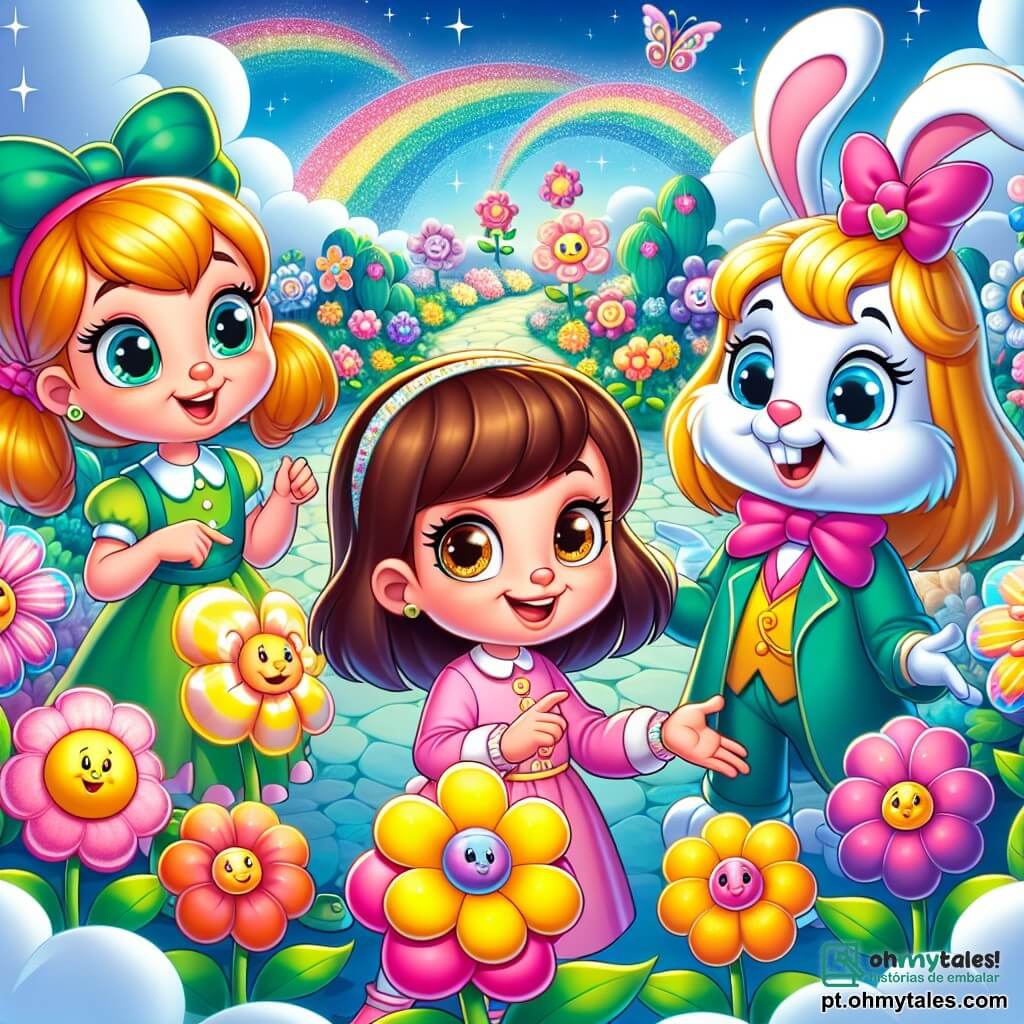 Três meninas de sete anos, Sofia, Luísa e Clara, estão no centro de um jardim encantado. Sofia, com cabelos castanhos e olhos brilhantes, usa um vestido rosa e sorri entusiasticamente. À sua direita, Luísa, com cabelos loiros e olhos azuis, veste uma túnica verde e observa curiosamente um coelho vestido. À esquerda, Clara, com cabelos castanhos e olhos avelã, usa um vestido azul e aponta para uma flor colorida que canta. O jardim está cheio de flores gigantes de cores vivas, com pétalas brilhantes e rostos sorridentes, enquanto um arco-íris brilha acima delas. O céu é de um azul radiante, salpicado de nuvens suaves e fofas. As meninas descobrem o coelho em traje, o Sr. Pelúcia, que pede ajuda para salvar as flores doentes do jardim. Cheias de energia e entusiasmo, estão prontas para o desafio, cercadas pela magia e beleza do jardim.