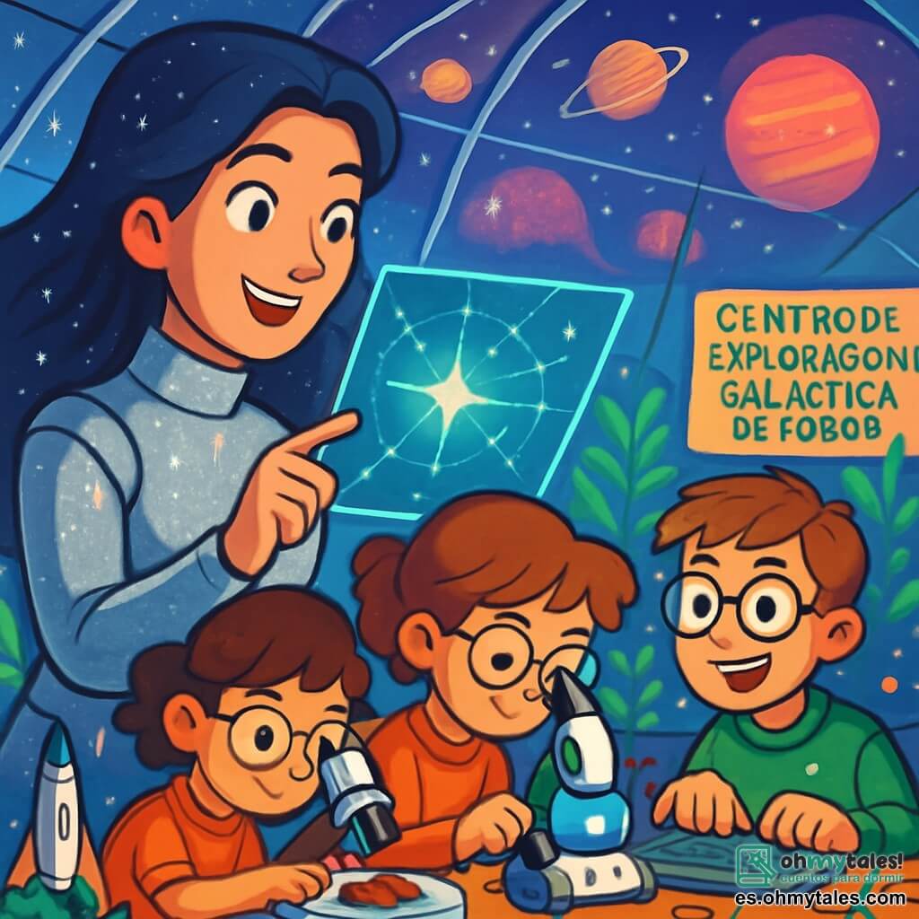 La comandante Vega, una mujer de cabello largo y brillante como estrellas, lleva un traje espacial plateado que brilla bajo la luz de las nebulosas. Su rostro expresa una determinación alegre, con ojos chispeantes de emoción mientras observa una pantalla holográfica que muestra un mapa estelar. A su lado, Ada, una niña de unos 12 años con cabello corto y rizado, examina muestras de suelo extraterrestre con un microscopio, mientras sus gafas se deslizan por su nariz. Leo, un chico de 13 años con gafas gruesas y una sonrisa traviesa, está sentado frente a un panel de control, rodeado de cables y circuitos, programando un pequeño robot que se mueve alegremente. El lugar es el Centro de Exploración Galáctica de Phobos, una inmensa cúpula de cristal transparente que revela un cielo estrellado, con planetas coloridos de fondo. Jardines exuberantes de plantas fluorescentes y naves espaciales brillantes son visibles a través de las paredes de vidrio. La situación muestra a Vega y su equipo preparándose para una misión de exploración, mientras una misteriosa luz centelleante aparece en la pantalla, prometiendo descubrimientos extraordinarios en un sistema estelar inexplorado.