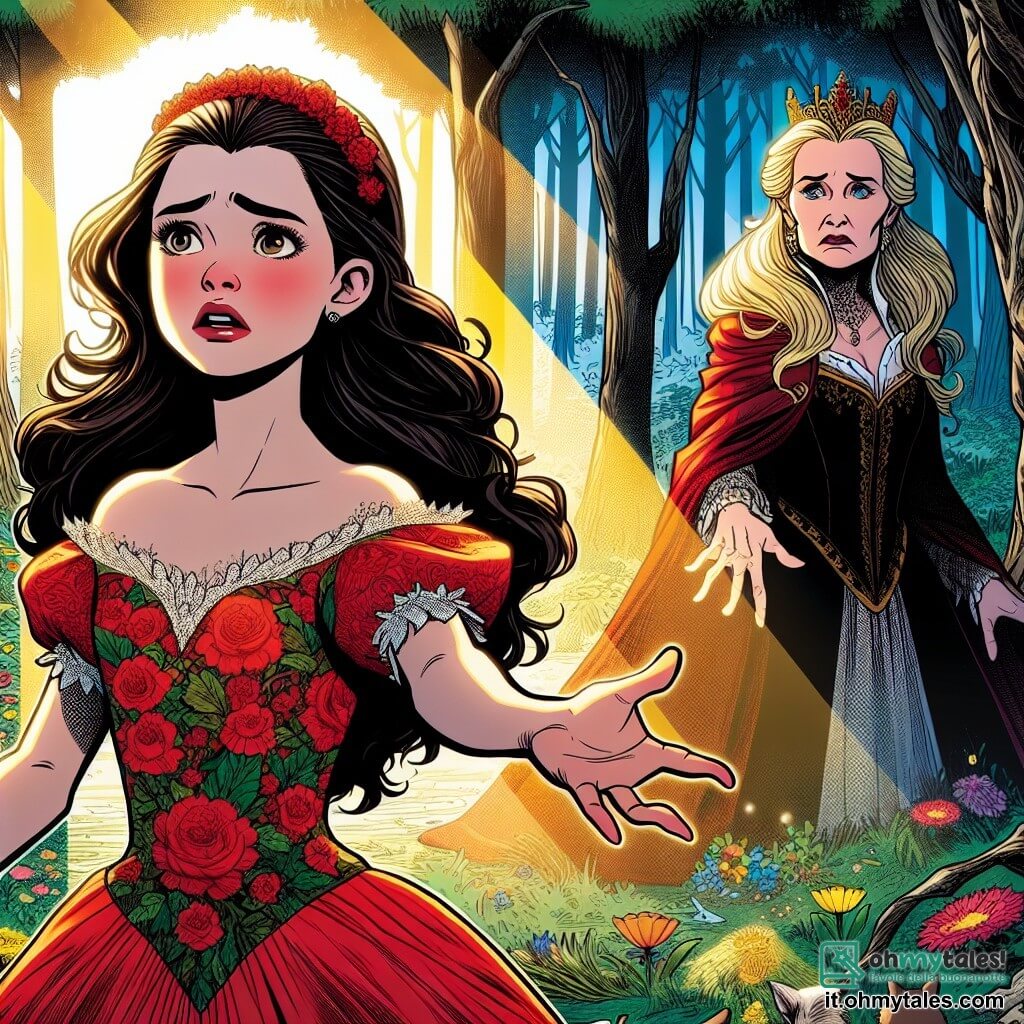 Biancaneve, una giovane con capelli neri come l'ebano e pelle bianca come la neve, si trova al centro della scena, con uno sguardo determinato e coraggioso. Indossa un abito rosso brillante, decorato con motivi floreali, e le sue guance sono leggermente rosate, testimoniando la sua forza interiore. Accanto a lei, la regina, una donna di circa quarant'anni, con capelli biondo dorato e un viso segnato dalla tristezza, guarda Biancaneve con occhi pieni di lacrime. Indossa un abito scuro e maestoso, che contrasta con la luce splendente di Biancaneve. La scena si svolge in una foresta incantata, dove alberi maestosi con tronchi spessi e foglie verdi vibranti creano un'atmosfera magica. Raggi di sole filtrano attraverso il fogliame, illuminando il terreno cosparso di fiori colorati e piccole creature curiose. Biancaneve tende la mano verso la regina, offrendole una possibilità di redenzione, mentre la regina, visibilmente toccata, esita ad accettare quest'offerta. L'atmosfera è carica di emozione, mescolando speranza e riconciliazione in questo momento cruciale della storia.