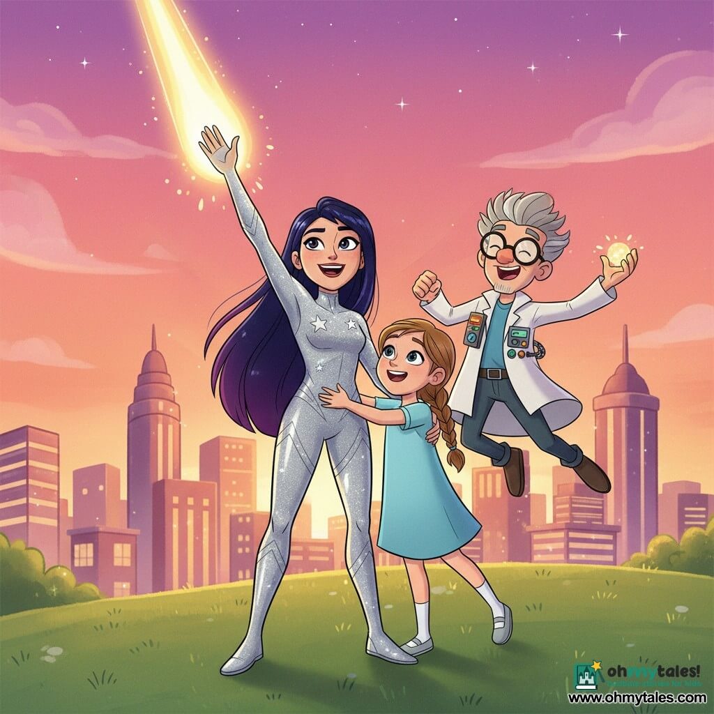 The protagonist is a radiant, determined female hero with a smiling face, bright eyes, long night-dark hair with violet highlights, and a fitted silver costume decorated with cosmic stars; she raises a hand that projects a broad beam of golden light into the sky. To her right, Lily, a girl of about 12 with light brown braided hair and a simple pastel-blue dress, clutches the hero’s hand, relieved and joyful. Behind them, Professor Mechano, about 55 with graying disheveled hair, thick round glasses, and a scientist’s jacket with glowing gadgets, jumps for joy holding a small shimmering sphere. They stand on a grassy hill overlooking the city of Star Haven at sunset—rounded-topped skyscrapers, orange and violet city lights, a pink-orange gradient sky with early stars. The scene conveys victory and friendship after a battle, warm light and sparkling highlights, a festive, comforting mood, centered on the three figures looking toward the city in a wide three-quarter framing.
