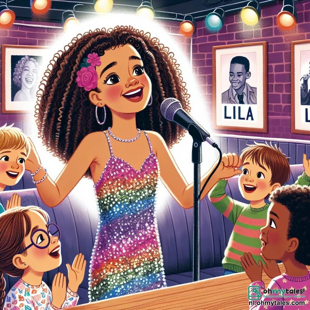 Lila, een vrouw van in de dertig, staat in het midden van het podium, stralend en vol energie. Ze draagt een glinsterende jurk in regenboogkleuren die schittert onder de lichten van de club. Haar krullende haar waait om haar glimlachende gezicht en haar ogen fonkelen van vreugde terwijl ze met passie in een microfoon zingt. Om haar heen zingt een groep van vier kinderen, twee meisjes en twee jongens van ongeveer 8 tot 10 jaar enthousiast mee. Het eerste meisje, met vlechten en een shirt met patronen, steekt haar armen in de lucht, terwijl de tweede jongen, met een achterstevoren pet, breed glimlacht en in de maat van de muziek klapt. Het derde meisje, met een bril en een kleurrijke trui, kijkt Lila bewonderend aan, en de laatste jongen, met een rommelige haardos, danst vrolijk naast hen. De locatie is "De Swingende Ster", een warme en uitnodigende jazzclub met muren vol foto's van beroemde muzikanten. Kleurrijke lichten dansen aan het plafond en creëren een feestelijke sfeer, terwijl houten tafels vol zitten met toeschouwers die geboeid zijn door de voorstelling. De hoofdscène toont Lila en de kinderen op het podium, samen een nieuw vrolijk nummer zingend, hun gezichten verlicht door de opwinding en magie van de muziek, terwijl het publiek applaudisseert en glimlacht, wat een sfeer van gedeeld geluk creëert.