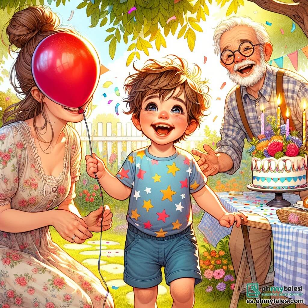 Un niño de 2 años, Juanito, con cabello castaño desordenado y grandes ojos brillantes, sonríe alegremente mientras sostiene un globo rojo en su mano. Lleva una camiseta colorida con estrellas y un pantalón corto azul, rodeado de una aura de felicidad. A su lado, su mamá, una mujer de treinta años con cabello castaño recogido en un moño, lo mira con amor, sonriendo. Ella viste un vestido ligero con estampados florales y está cerca de una mesa pequeña decorada con confeti. Un poco más lejos, su vecino, el señor Pérez, un hombre mayor con barba blanca y gafas redondas, le ofrece otro globo a Juanito, riendo de corazón. Él lleva una camisa de cuadros y pantalones beige, cerca de un árbol en el jardín. La escena tiene lugar en un jardín soleado, lleno de flores coloridas y árboles verdes. Una mesa está dispuesta con un bonito mantel, pasteles y velas, mientras los rayos del sol iluminan todo. La situación principal muestra a Juanito, radiante de alegría, listo para soplar la vela de su pastel de cumpleaños, rodeado de su mamá y su vecino, todos celebrando este momento mágico juntos.
