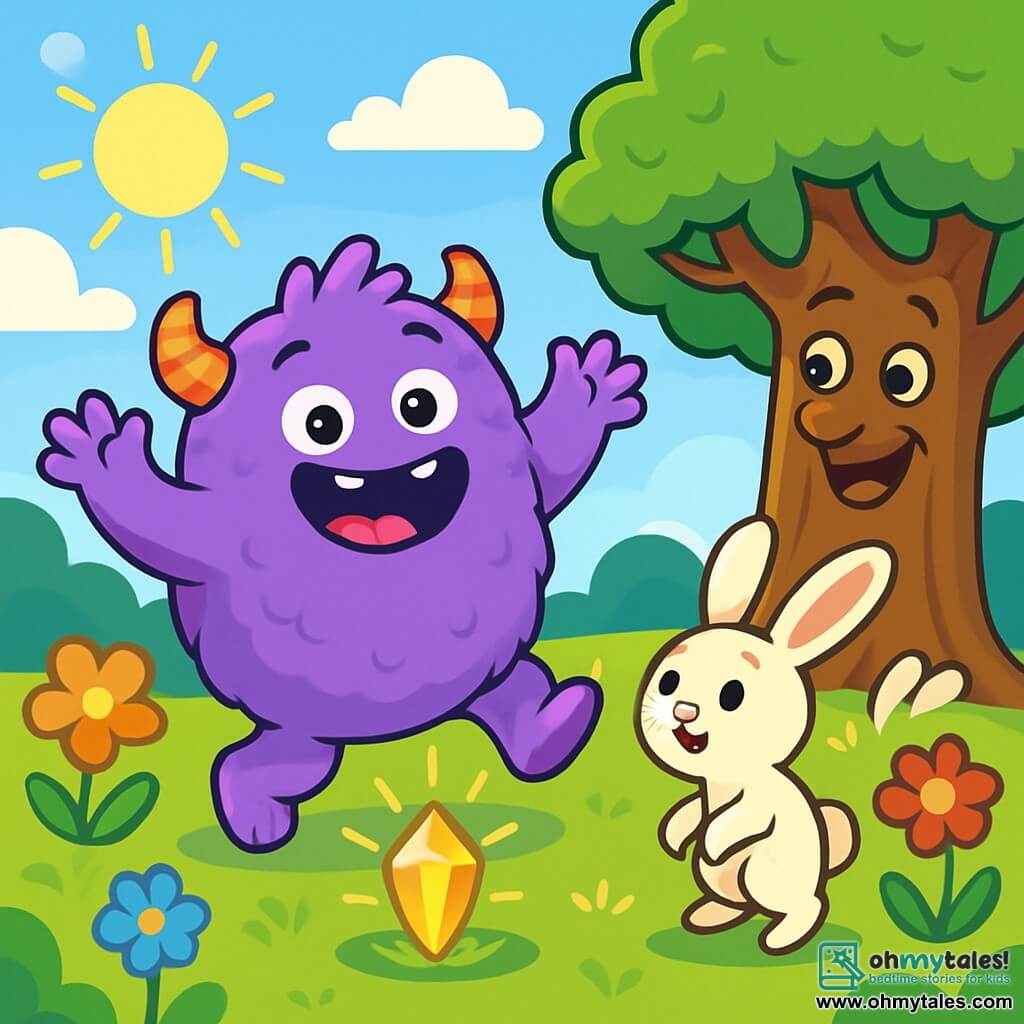 A joyful monster named Fizzlewhizz, with a round, fluffy purple body, sparkling eyes, and a wide smile, dances in a sunny meadow, arms raised, overflowing with happiness. Next to him, a small white bunny with big ears, looking curious and playful, watches Fizzlewhizz while hopping on its hind legs. In the background, an ancient tree with a smiling face stands majestically, its shiny green leaves, while colorful flowers sway in the breeze. The scene takes place in an enchanted meadow filled with bright colors and joyful creatures, where the sun shines and fluffy clouds float in a bright blue sky. Fizzlewhizz, excited, has just discovered the Glittering Gem, which sparkles at the center of the meadow, and he shares his joy with his friends, creating an atmosphere of happiness and laughter.