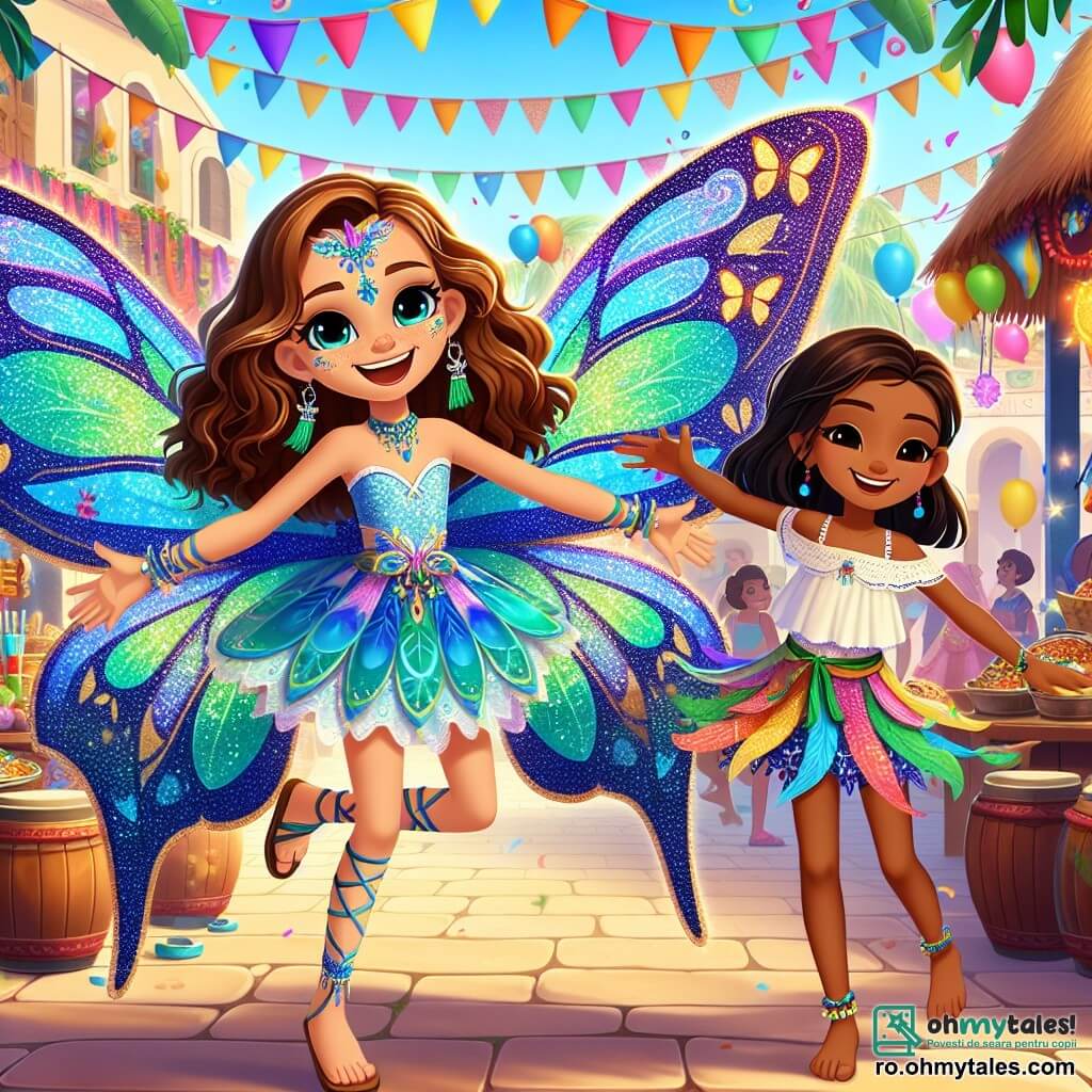 O fată de 12 ani, Mira, cu părul lung și buclat de culoare castană și ochii strălucitori ca safirele, dansează vesel la carnaval, îmbrăcată într-un costum de flutură magică cu aripi strălucitoare albastre și verzi. Fața ei radiază de bucurie și emoție, în timp ce se învârte cu brațele deschise, lăsându-și aripile să strălucească sub soare. Lângă ea, o altă fată, Luna, în vârstă de 11 ani, cu părul neted și negru, poartă un costum de flutură improvizat din țesături colorate. Zâmbește larg, cu mâinile ridicate, pregătită să danseze cu Mira, stând puțin în spate, admirând costumul prietenei sale. Decorul este o stradă animată a insulei, împodobită cu ghirlande de culori vii, baloane plutitoare și standuri de mâncare cu fructe exotice. Tamburii răsună în aer, iar confetti cad ca stelele în jurul lor, creând o atmosferă festivă și magică. Situația principală arată cum Mira și Luna dansează împreună în inima carnavalului, înconjurate de râsete și muzică, celebrând prietenia și magia acestui moment de neuitat.