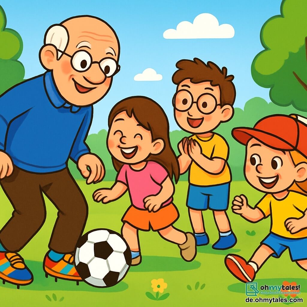 Ein älterer Mann namens Herr Benno Blume, lächelnd und fröhlich, trägt bunte Fußballschuhe mit leuchtenden Streifen. Er zeigt den Kindern, wie man auf einem grünen Spielplatz mit einem Ball dribbelt. Mila, ein 8-jähriges Mädchen mit langen braunen Haaren und einem rosa T-Shirt, lacht, während sie versucht, den Ball zu kontrollieren. Neben ihr applaudiert Jonas, ein 9-jähriger Junge mit Brille und blauen Shorts, und ermutigt Leni, ein 6-jähriges Mädchen mit einer roten Mütze, die mit einem großen Lächeln auf das Tor schießt. Der Spielplatz ist sonnig, umgeben von grünen Bäumen und bunten Blumen, mit einem strahlend blauen Himmel. Im Hintergrund sieht man ein Metalltor. Die Hauptsituation zeigt Herr Blume, der den Kindern Fußballtechniken beibringt, während alle zusammen lachen und Spaß haben, was eine fröhliche und freundliche Atmosphäre schafft.