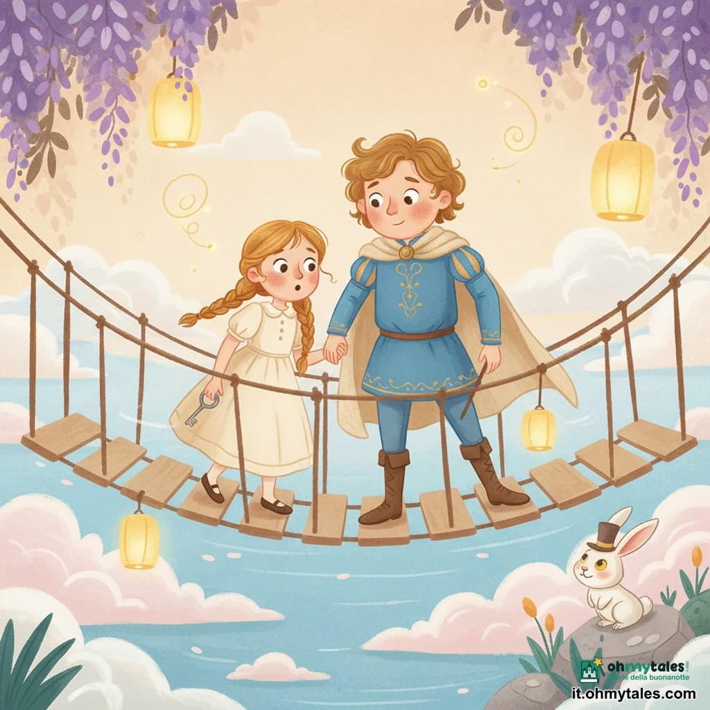 Il protagonista è un principe di circa 12 anni, volto rotondo e sorriso timido, capelli castano chiaro ricci, tunica blu con ricami dorati e mantello leggero; tiene la mano di una bambina di circa 9 anni dai capelli miele in trecce, vestito crema semplice, occhi grandi e fiduciosi, che stringe una piccola chiave d'argento; un coniglio bianco con cappello è su una pietra vicina con sguardo malizioso; sono su un ponte sospeso di corde e assi sopra un lago di nuvole rosa e blu, con glicini viola pendenti e lanterne di carta calde fluttuanti; il principe la aiuta ad attraversare con delicatezza, una brezza muove i vestiti e lucciole luminose volano, atmosfera dolce e rassicurante, palette pastello e texture gouache.